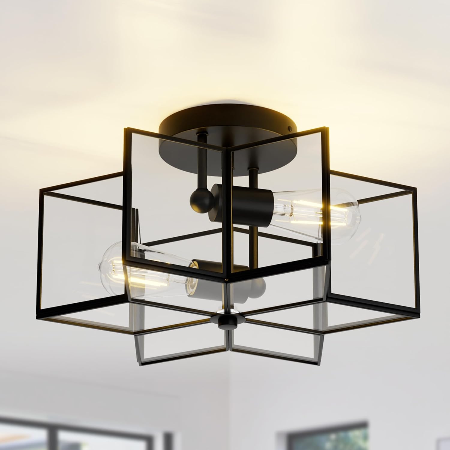 16.3”Star Semi Flush Mount Chandeliers,Brass Star Light Fixture,2-Lights Close to Ceiling Light Fixtures for Bedroom,Dining Room,Kitchen,Office (Black-Hexagon)