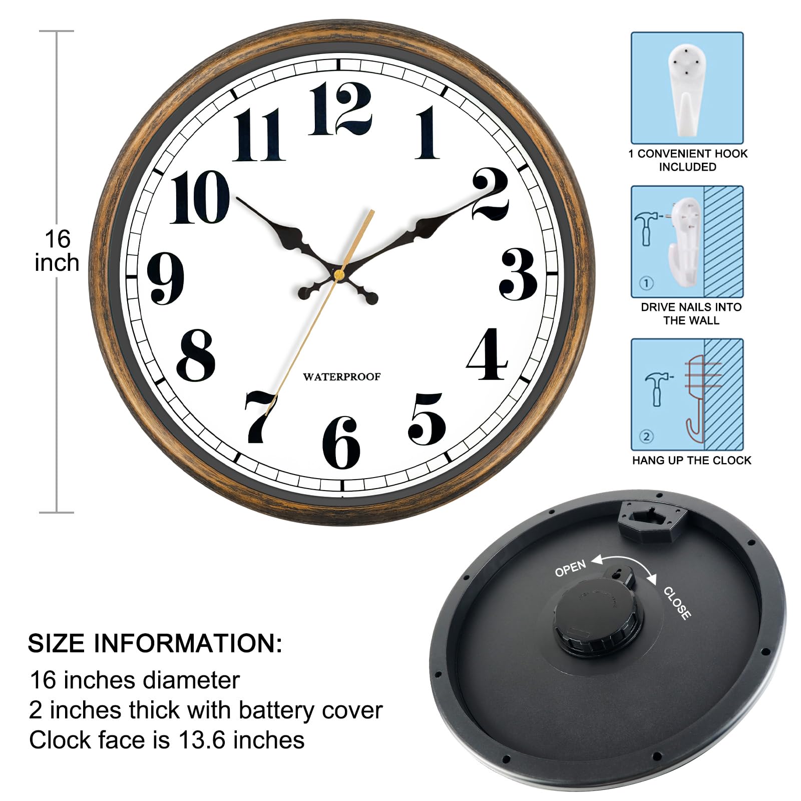 Caysie Grande horloge murale étanche à piles étanche de 40,6 cm pour piscine, terrasse, extérieur (bronze doré)