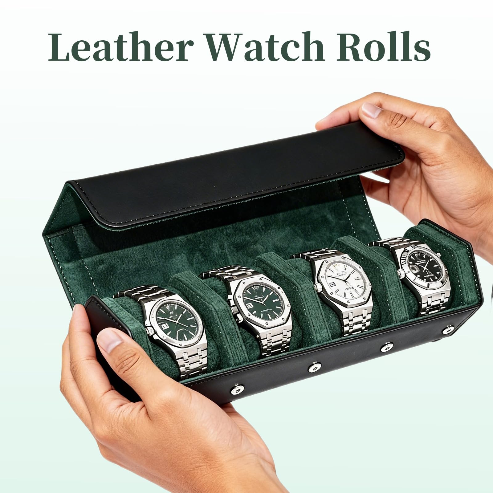 Rotolo per orologi in pelle per 4 orologi, custodia da viaggio foderata in velluto, organizer per orologi di lusso con stoccaggio ed esposizione, per uomo (4 scomparti, nero verde)