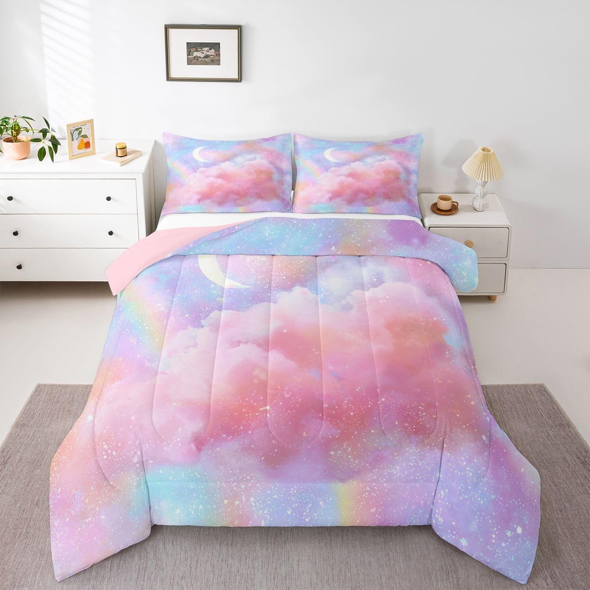 Feelyou Starry Sky Bedding Set Twin Size Galaxy Comforter Set for Kids Boys Girls Decor Outer Space Comforter 3D Printed Space Pink Purple Duvet Set Bedroom Quilt Set with 1 Pillow Case