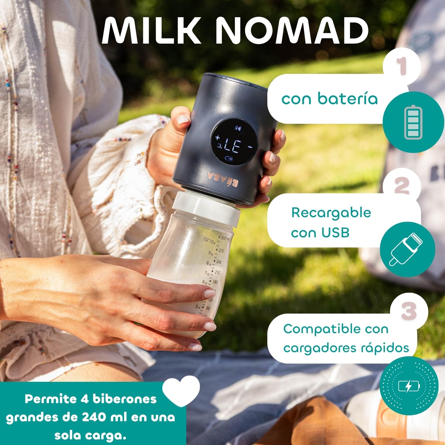 BEABA – Milk Nomad – Calentador de biberón nómada Ultrarápido con Batería – Calentador en -3 min, Temperatura ajustable, Mezclador Antigrumos patentado, USB-C, Compacto y compatible con biberons
