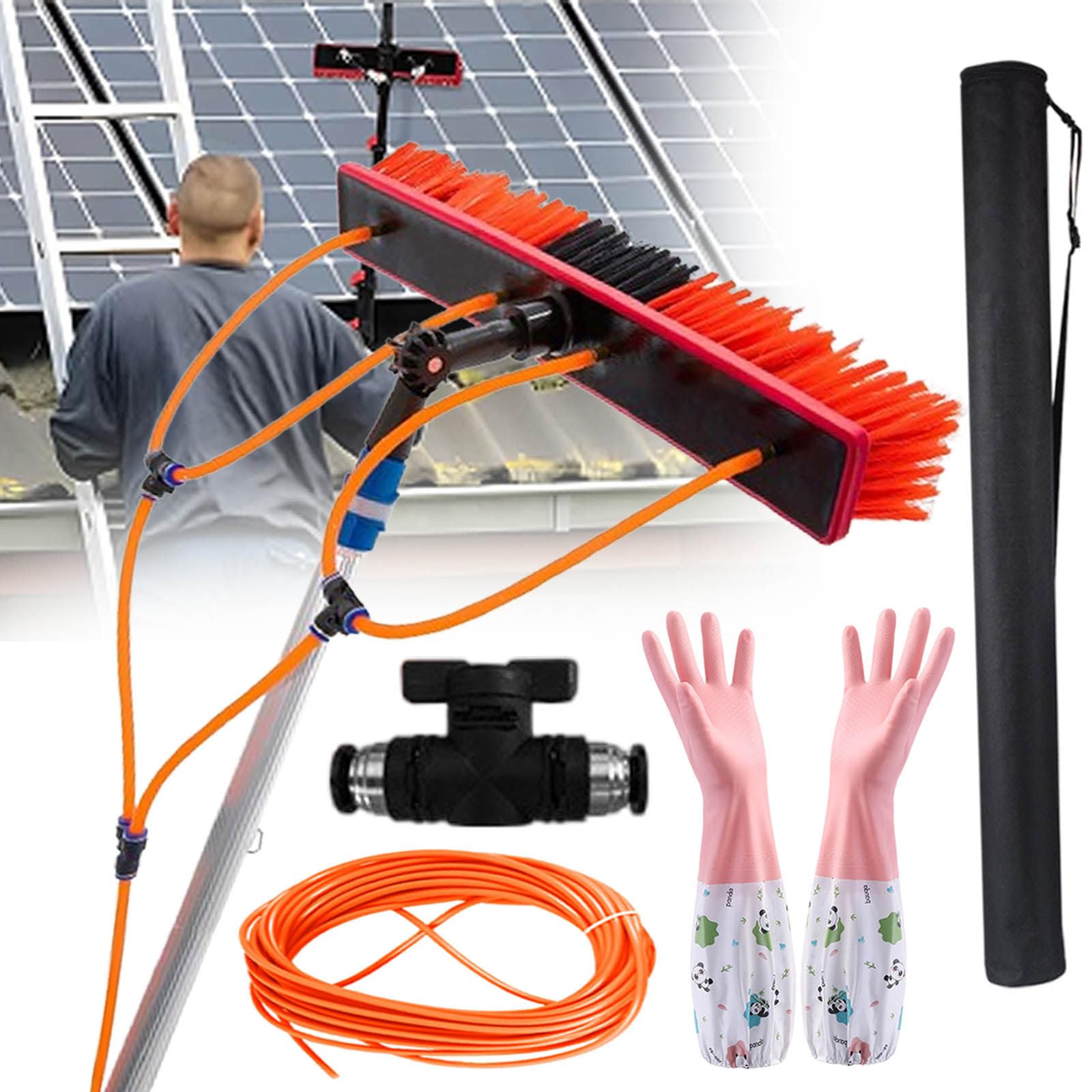 Kit brosses nettoyage panneaux solaires et vitres avec perche alimentée eau 8m