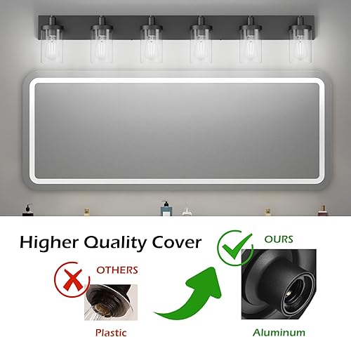 Miniatura 7 de Aipsun Lámpara de tocador de baño negra de 48 pulgadas, 6 lámparas de baño con pantalla de vidrio transparente (no incluye bombilla)