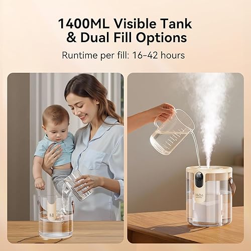 Miniatura 8 de Humidificadores inteligentes para dormitorio, humidificador recargable de llenado superior con luz nocturna, humidificador de niebla fría de 1.4 L