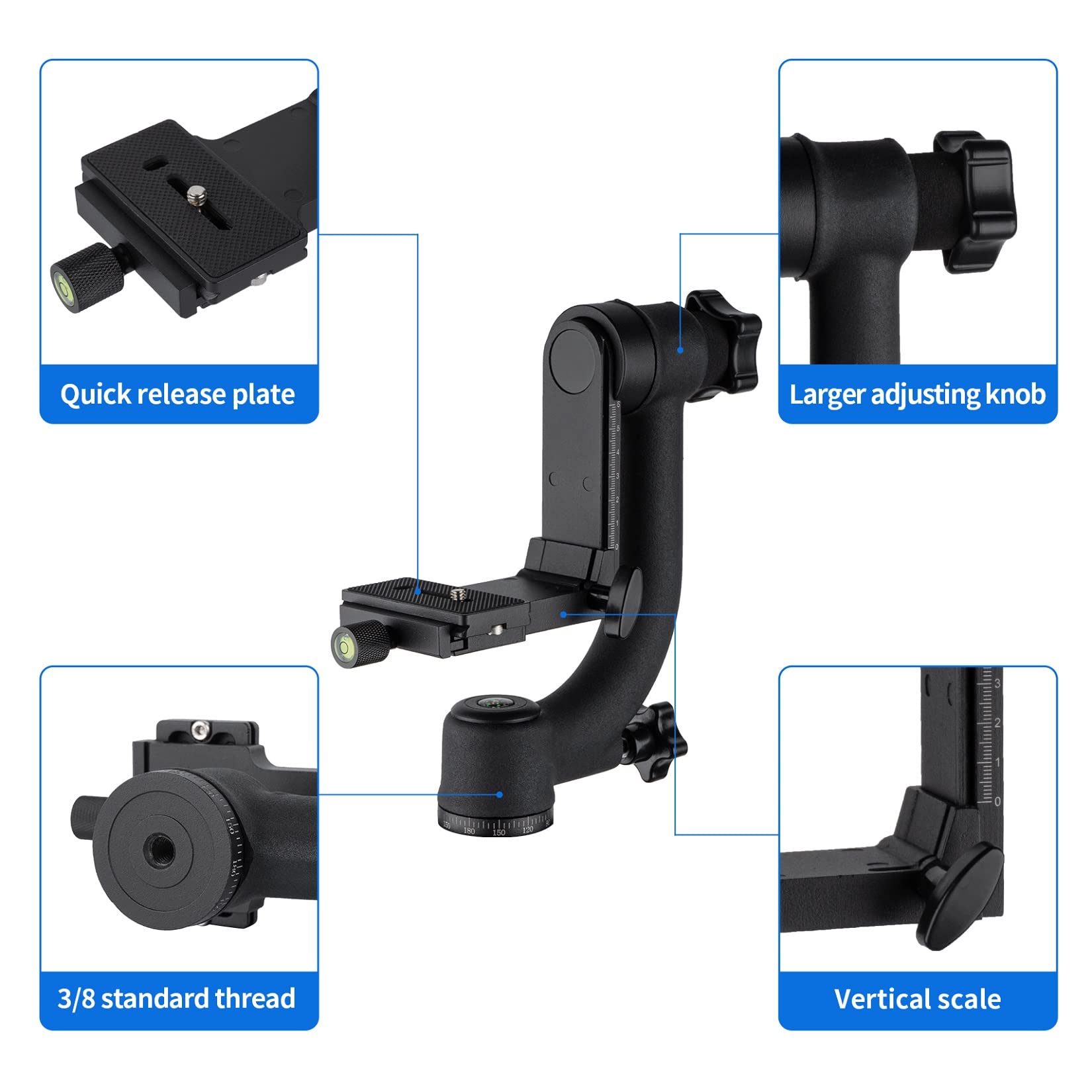 Testa Panoramica A Gimbal 360° Per Treppiede – 20 Kg Di Carico, Piastra Sgancio Rapido, Livella A Bolla, In Alluminio E ABS