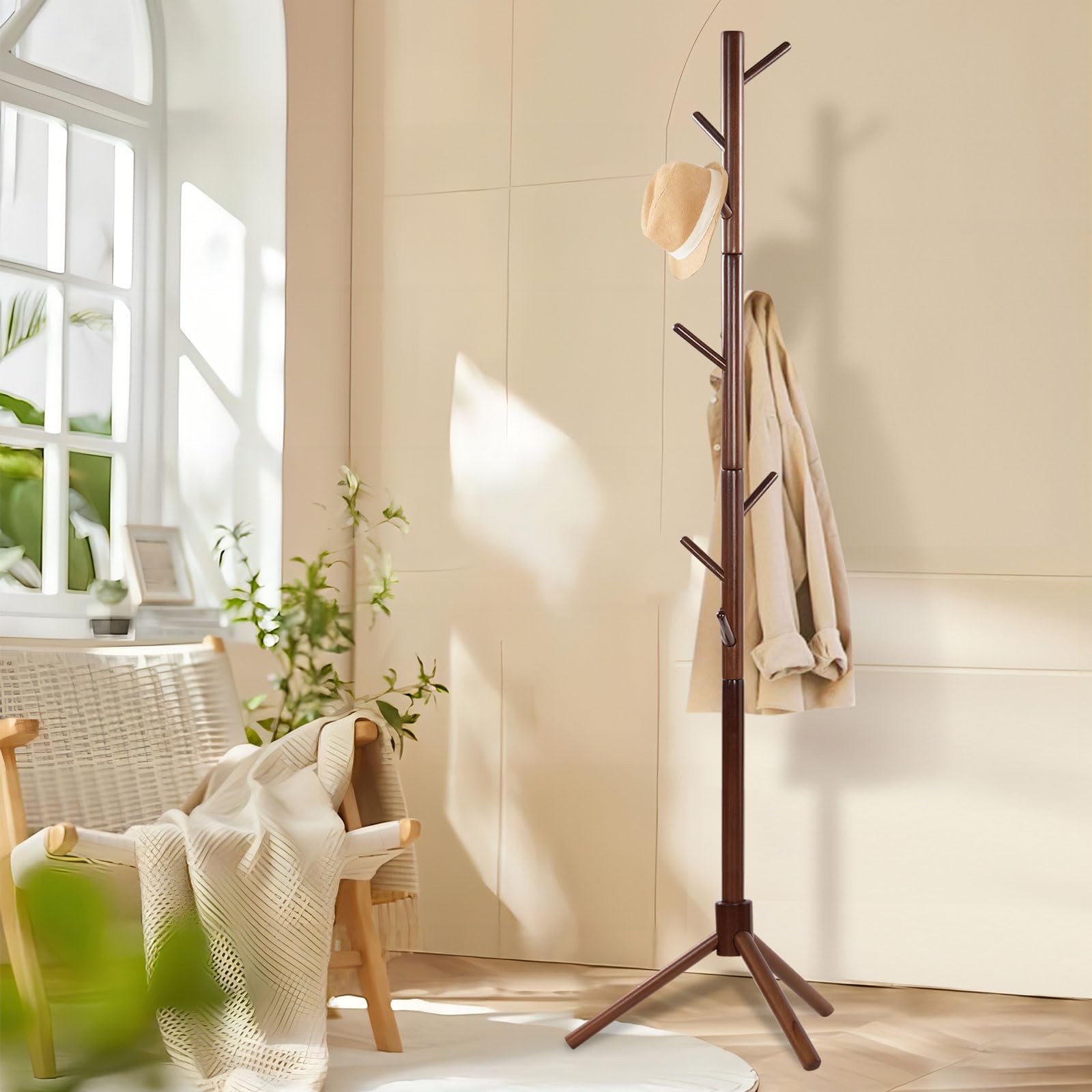 Portemanteau Bois YheenLf - 8 Crochets, Hauteur Réglable 42x180cm, Blanc, Pour Salon/chambre