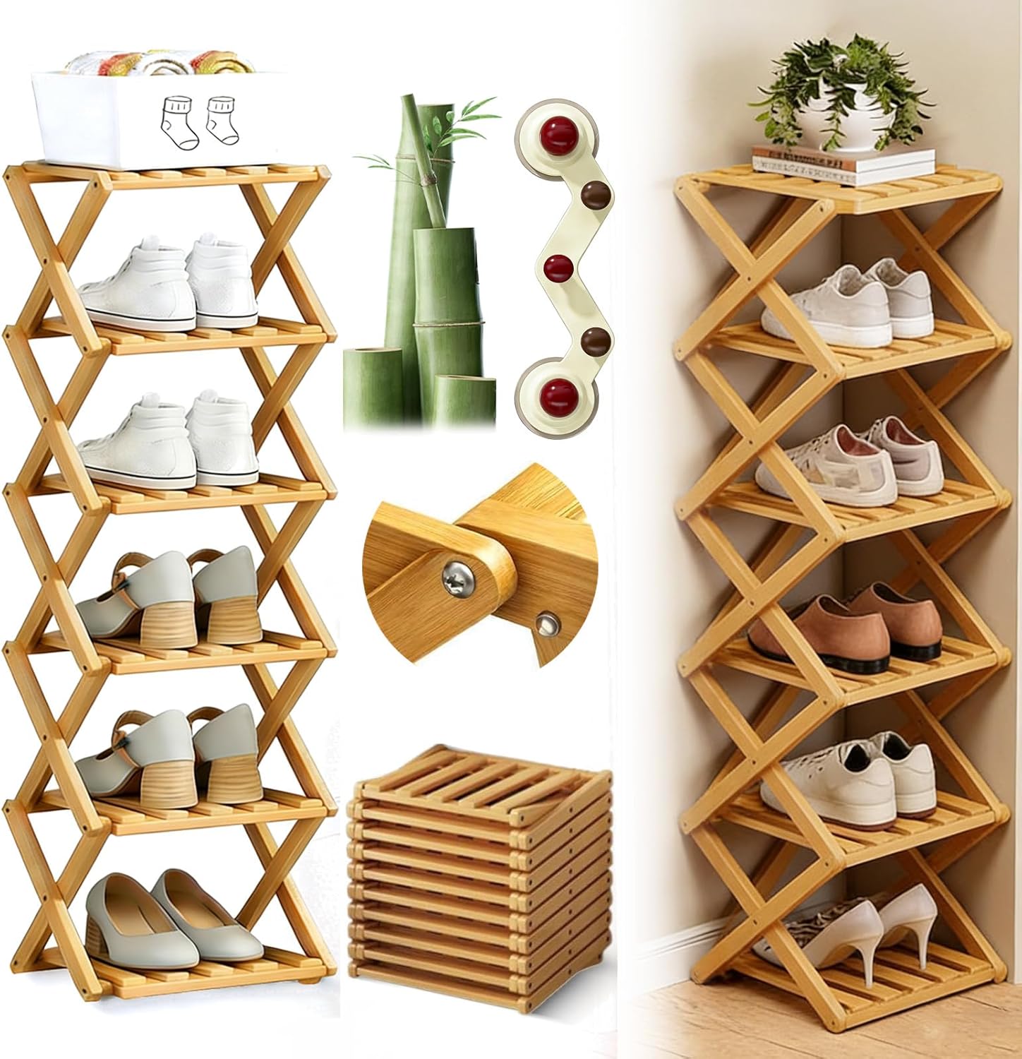 Foldable Shoe Rack, 9-Tier Bamboo Vertical Shoe Organizer, Narrow Space-Saving Shelf, No-Tools Assembly, Expandable Storage for Closet, Entryway, Corner, Bedroom (Natural, 6 Tire)