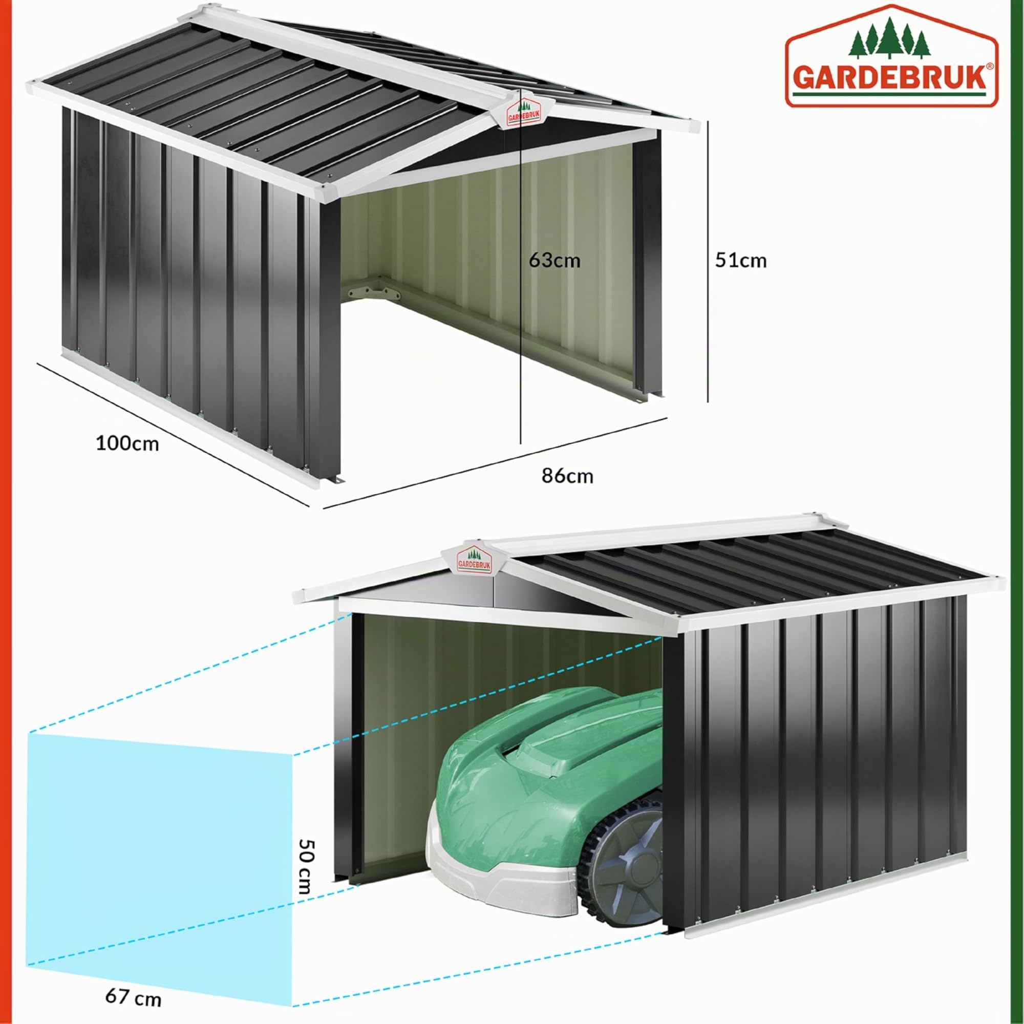 GARDEBRUK® Abri Robot Tondeuse 86x100x63cm Toit à 2 pans métal résistant intempéries 4X piquets Terre Garage Outillage carport Jardin Herbe Anthracite
