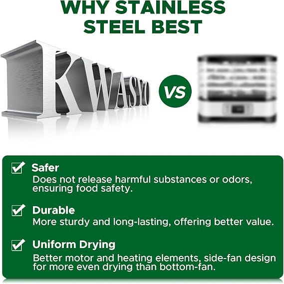 Kwasyo Dehydrator Stainless Steel DA 1000, XXL Food dehydrator surface 1.1 m², Dehydrators Food Dryer uk Temperature Adjustable 30-90℃, LED Display BPA-free, 67 Recipes, 10 Trays