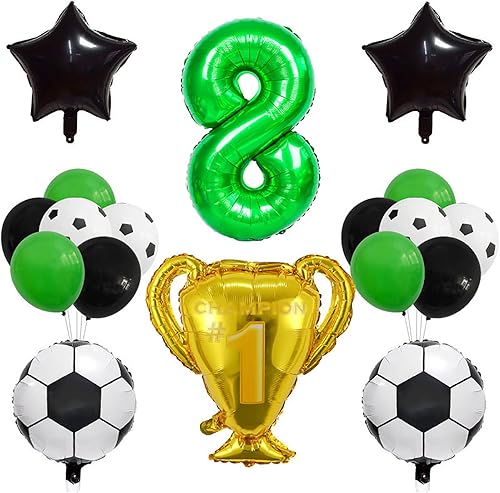 Juego de globos de fútbol de la Copa de Campeón de Fútbol, 18 globos de fútbol de aluminio verde número 8 para decoración de fiesta de cumpleaños de