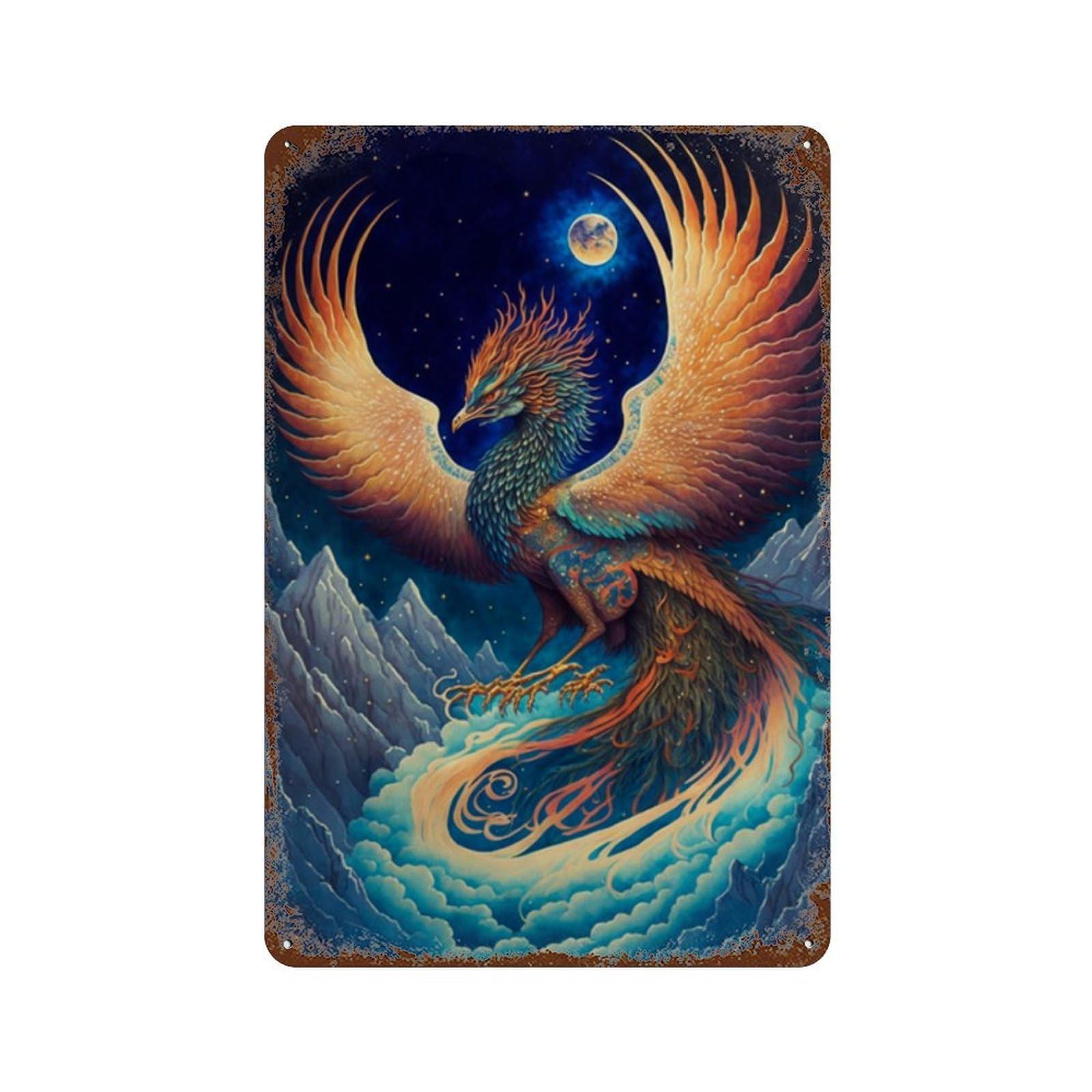Fantasy Phoenix Art Print Distressed Metal Wall Sign 11.8"x7.9", Ideal for Patio, Garden Room And Bar Decor