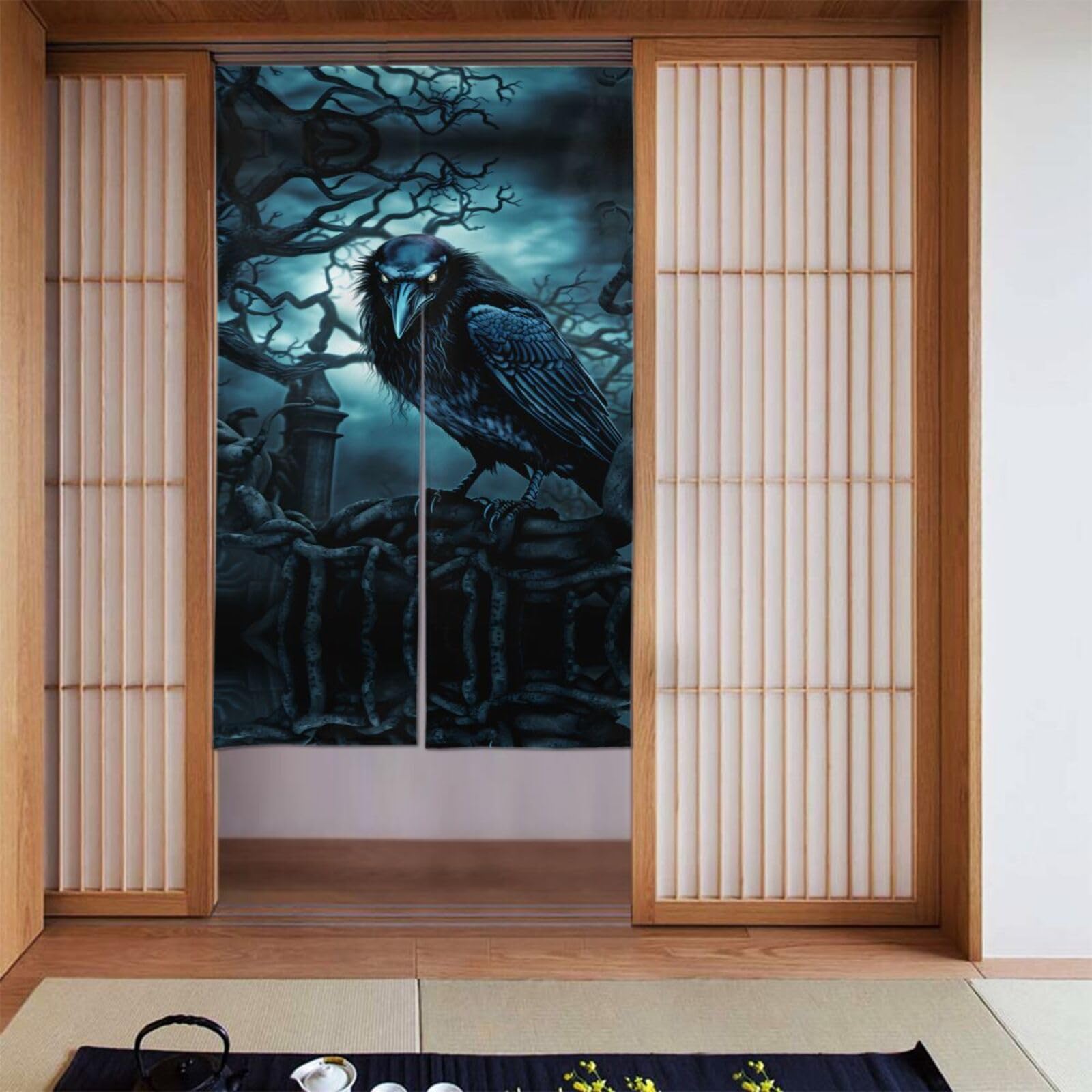 Rideaux de séparation corbeau bleu en tissu noble | Finition haut de gamme 142cm