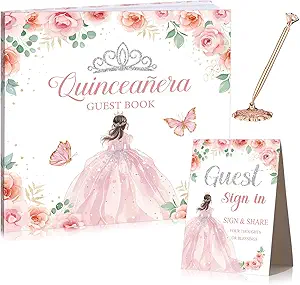 3 Pcs Quinceañera Guest Book Set 15th Quinceanera Party Favors with Standing Plaque and Rose Gold Diamond Pen with Base 15th Birthday Decorations