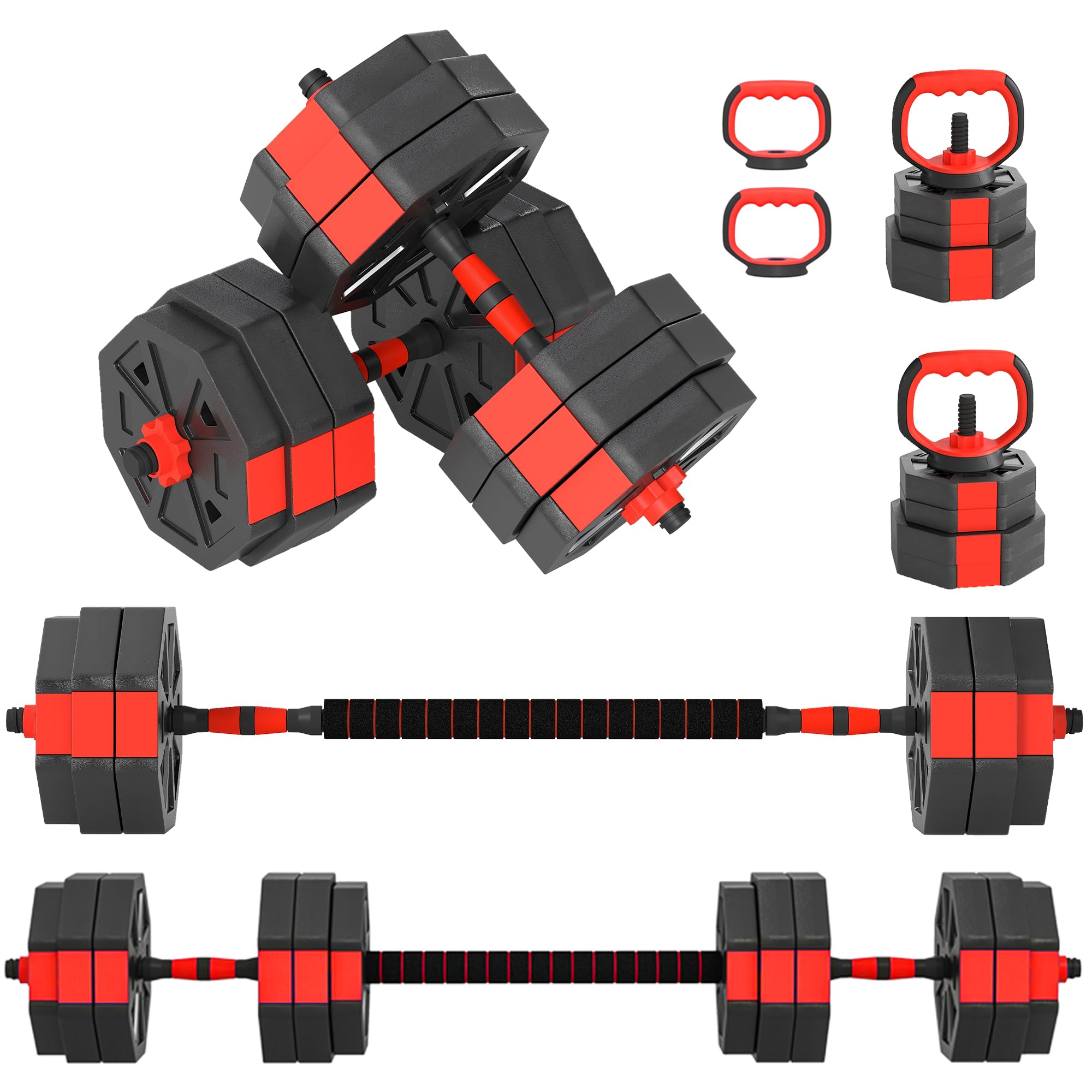SPORTNOW 6-in-1 Adjustable Weight Dumbbells Set, 30kg Free Weights Set, Red