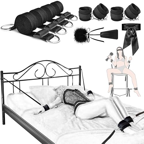 Sex Bondage Restraints BDSM Toys, Selver Versatile Bed Restraints Couple Sex Toys with 4 Separate Straps, Bondage Cuffs, Blindfold, Feather BDSM Kit - Black