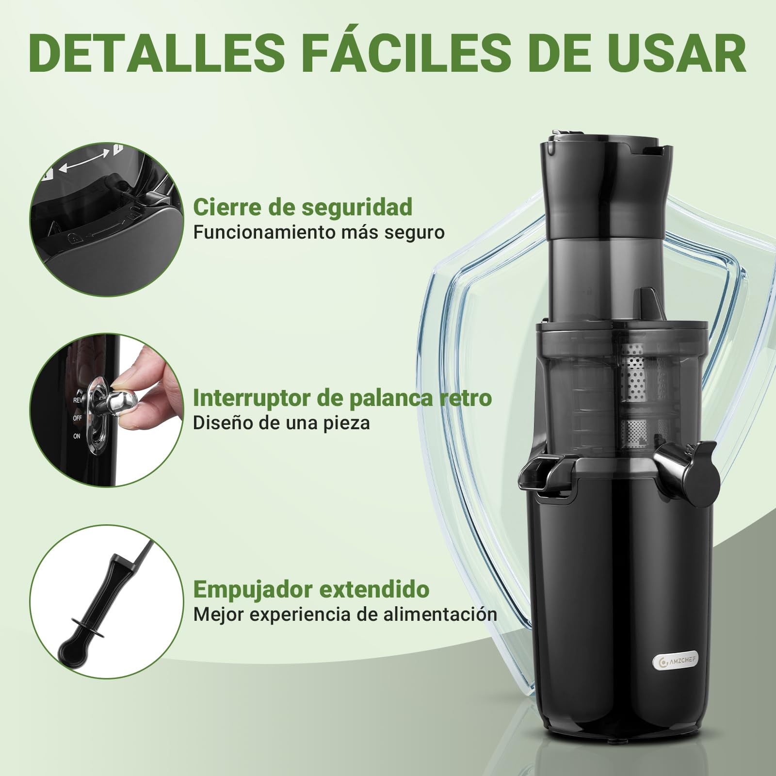 AMZCHEF Licuadora Para Verduras y Frutas Enteras - 200W Extractor De Zumos y Verdura - Licuadora Prensado En Frío Con La Mejora De Barrena, Filtro De Doble Capa, 2 Tazas, Motor Silencioso - Negro