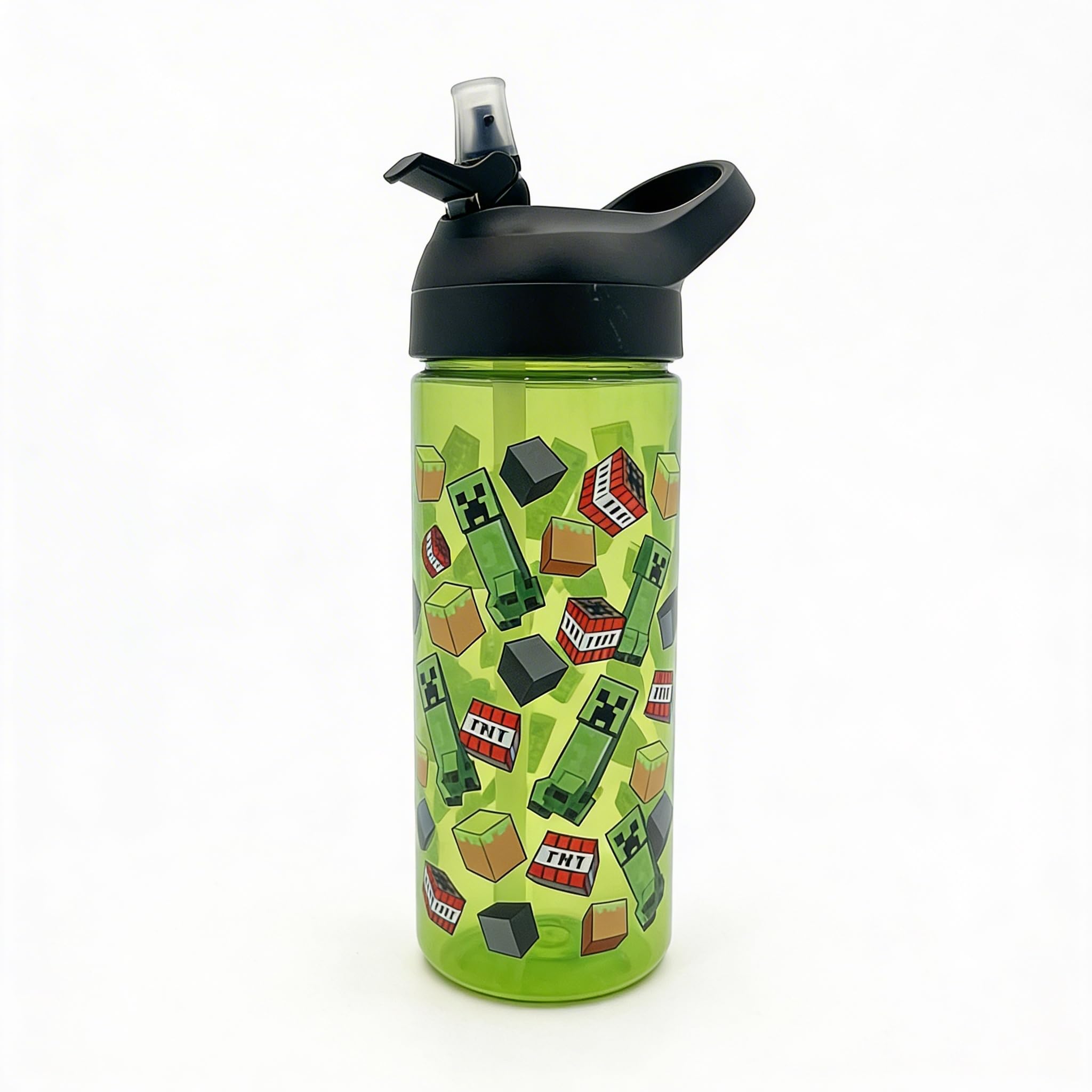 Minecraft 600ml Kids Water Bottle with Flip Spout Lid – Creeper & TNT Design BPA-Free Drinking Bottle for School, Travel & Sports, Green