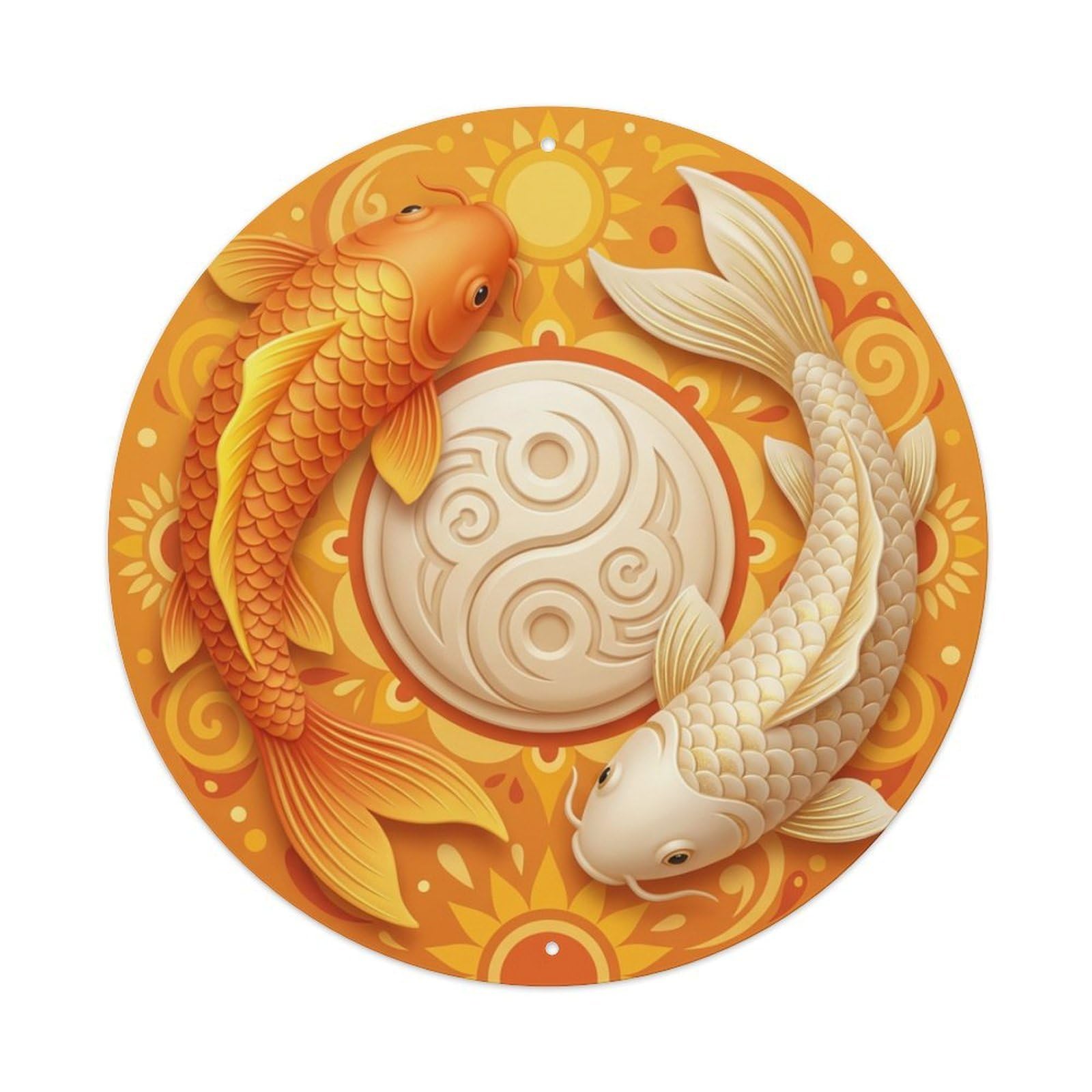 Metal Tin Sign Tai Chi Koi Fish Marigold Orange