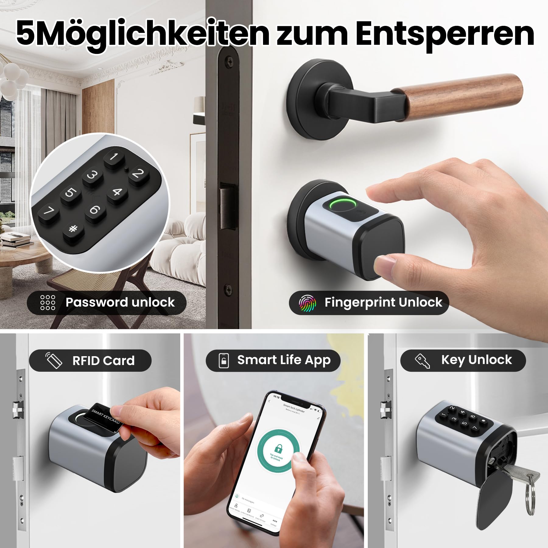 Produktbild von Türschloss Fingerabdruck, 60mm-90mm Verstellbares Smart Lock