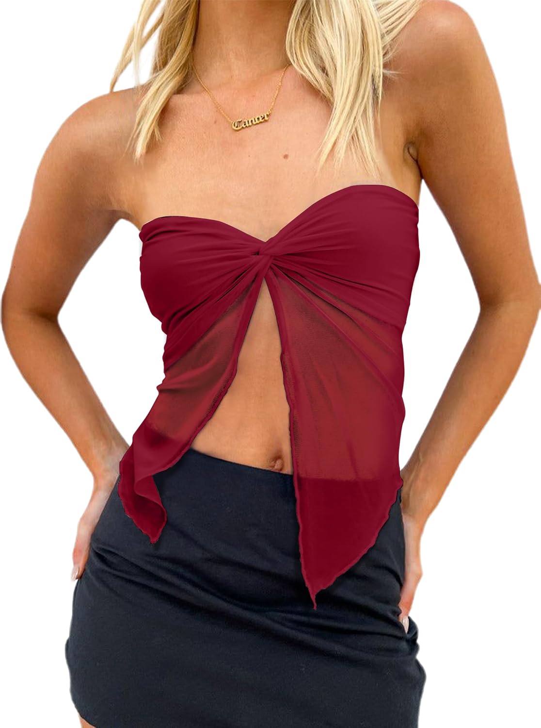 CSDAJIO Women's Sheer Mesh Twist Split Front Asymmetrical Tube Top Strapless Bandeau Crop Top Backless Shirt