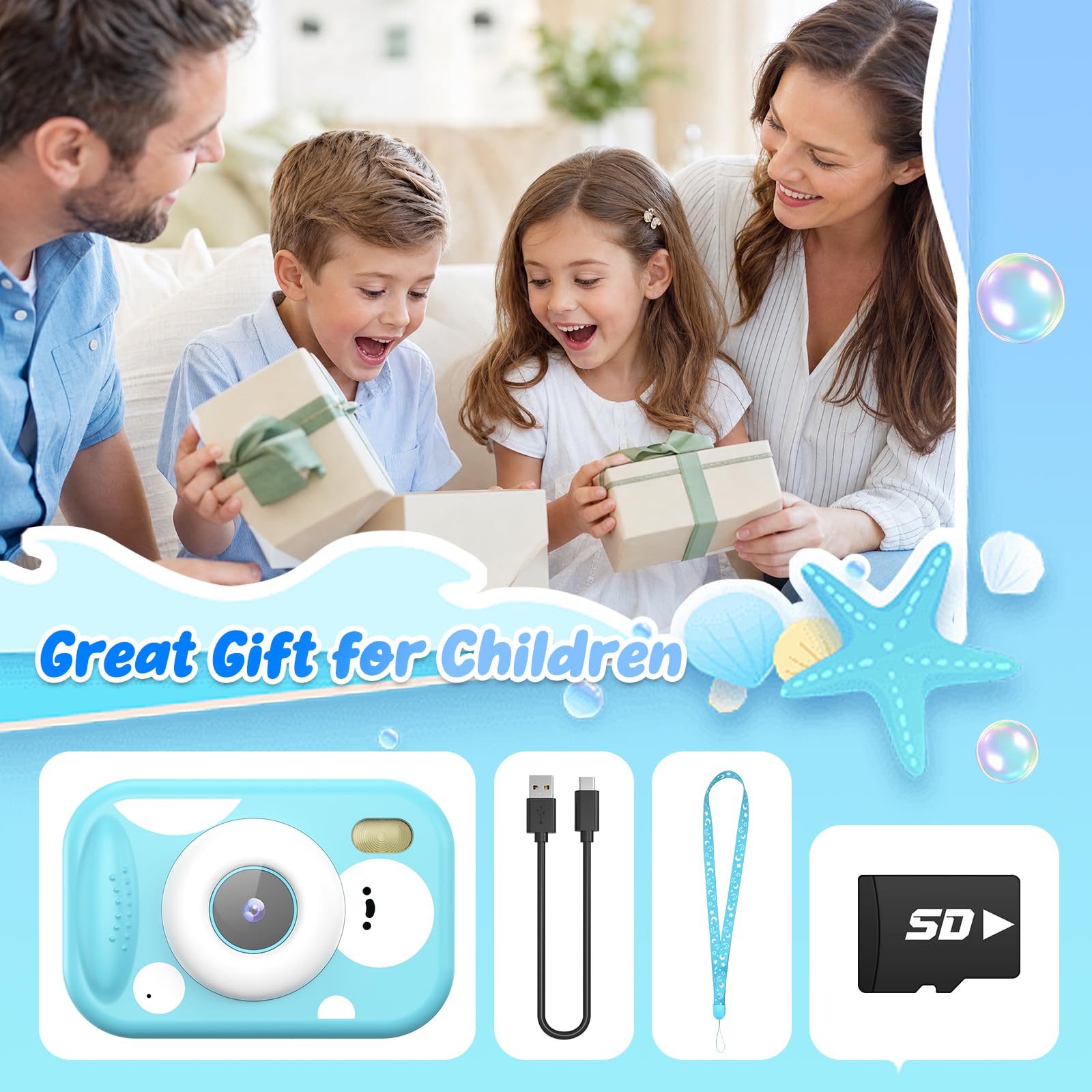 Unterwasser Kinderkamera, 48MP 1080P IP68 wasserdichte Digitalkamera Kamera Kinder mit 2,4 Zoll Bildschirm Notfall-LED-Blitz Reisen Strand Pool Spielzeug Geschenk für 3-12 Jahre Mädchen Jungen, Blau