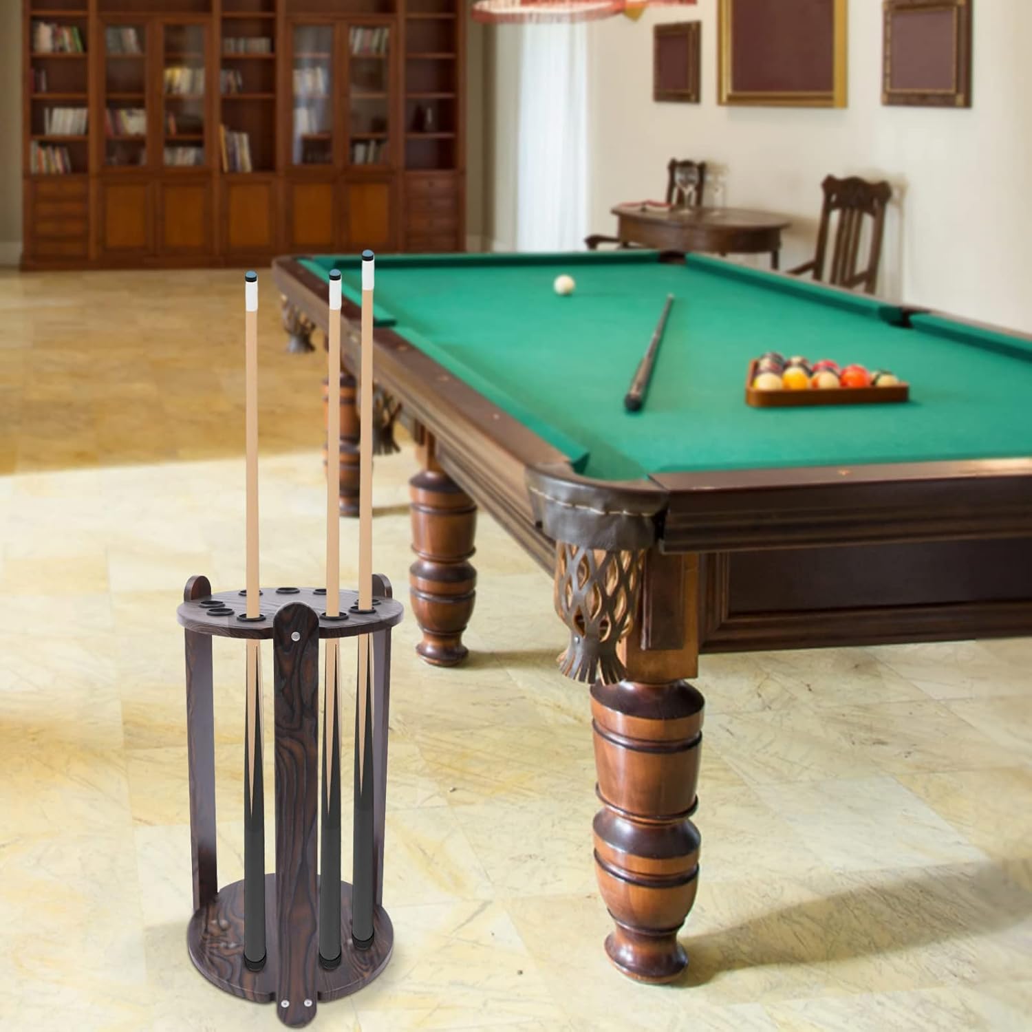 9-Hole Billiard Cue Stick Rack, Wood Multifunctional Pool Stick Stand Holder, Floor Standing Pool Cue Rack for Billiard Room Game Room Club Pool Table Accessories Holds