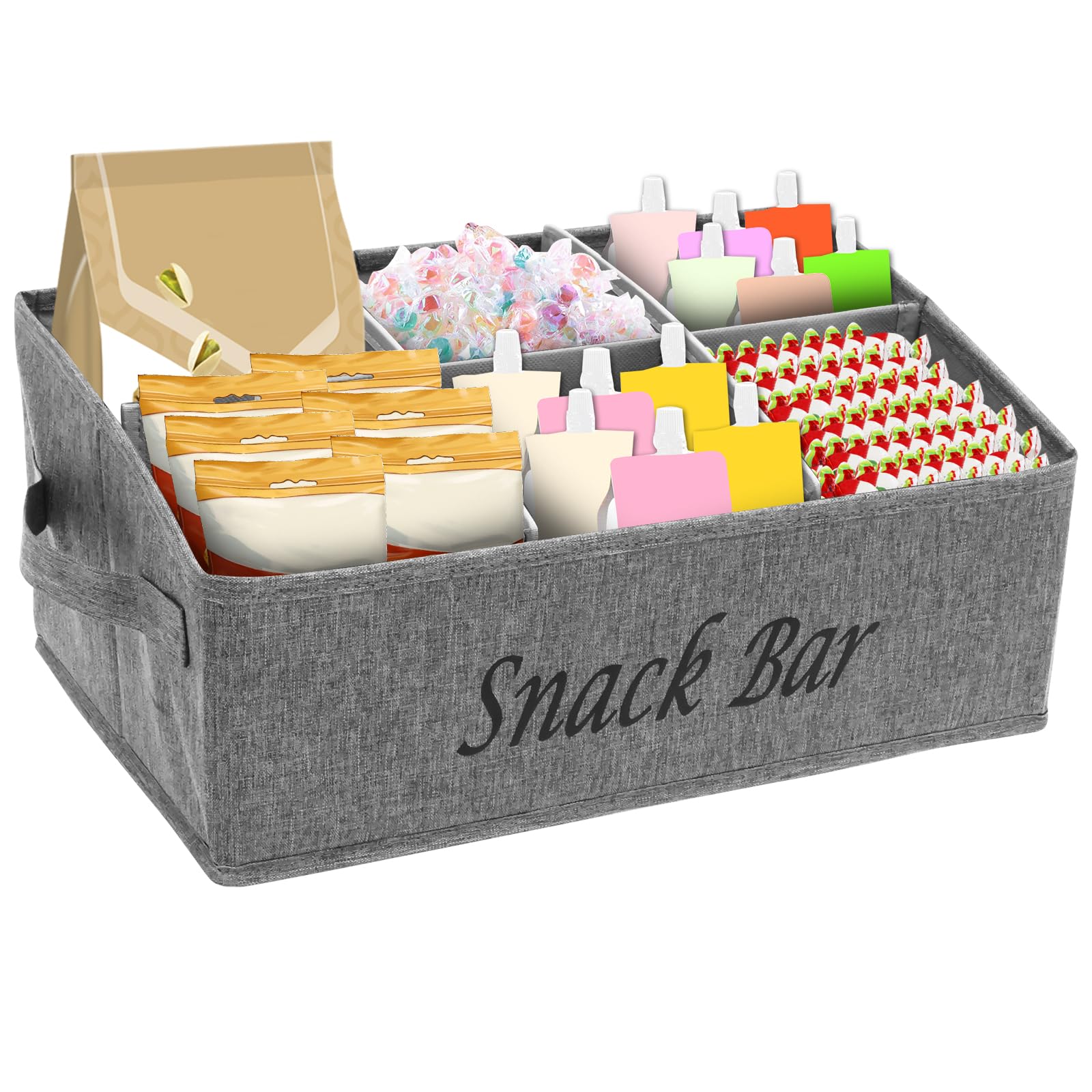 Alongen Snack Organizer for Countertop, Fabric Snack Basket Organizer with Handles 6 Compartments Candy Storage Bins for Cookies Drinks(grey)