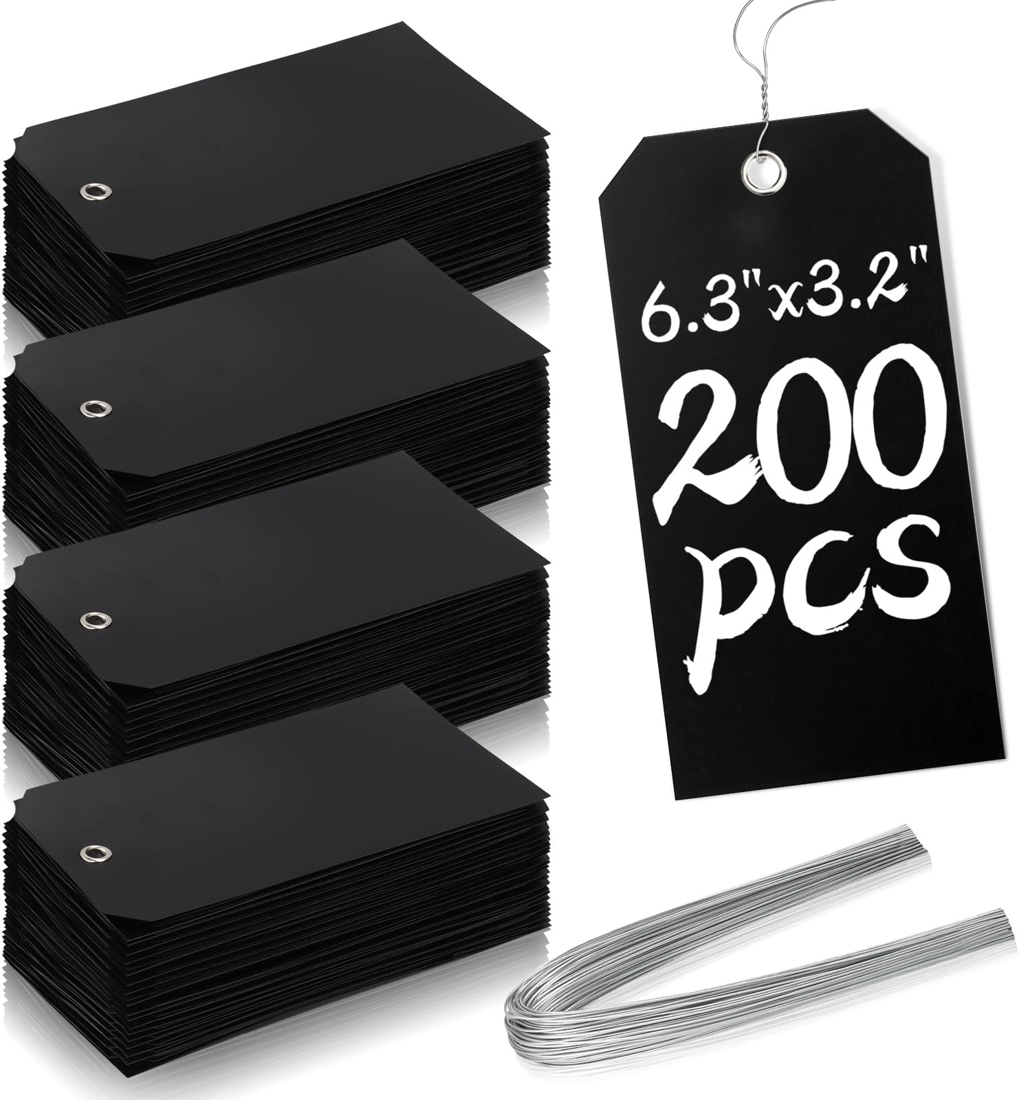 200 Pieces 6 1/4" x 3 1/8" Plastic Shipping Tags with Wire Waterproof Tags Labeling Shipping Labels Durable Writable Hang Tags with Reinforced for Equipment Car Parts (Black)
