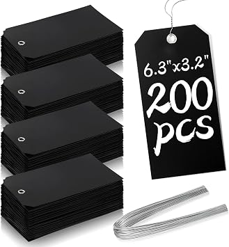 200 Pcs 6 1/4 x 3 1/8 Plastic Shipping Tags with Wire - Double-Sided Writable Price Tags for Retail - Rectangle Tie On Labels for Engraving Equipment, Garage, Moving Black