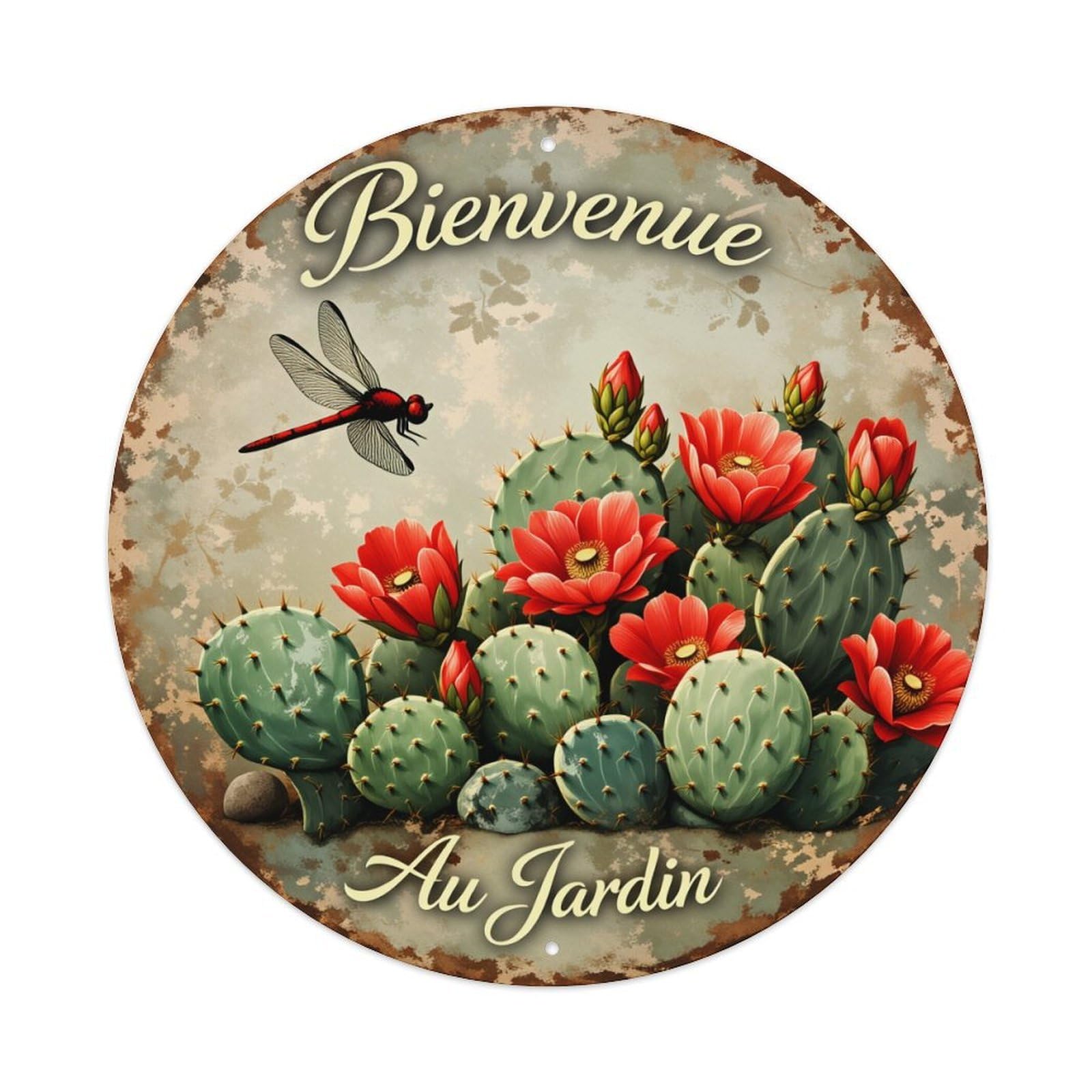 Cactus Flowers Dragonfly Garden Welcome Vintage Metal Tin Sign Retro Wall Decor for Home Bar Garage Cafe, Indoor & Outdoor Decorative，circle Metal Poster, 8x8 Inch