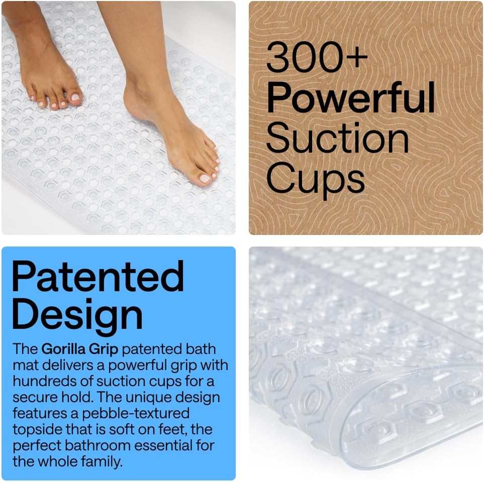GORILLA GRIP Patented Bath Tub Shower Mat, Machine Washable Bathtub Floor Liner Mats, Suction Cups and Drain Holes to Keep Tubs Clean, Soft on Feet, Bathroom Essentials, 35x16 Inch, Clear - Image 3