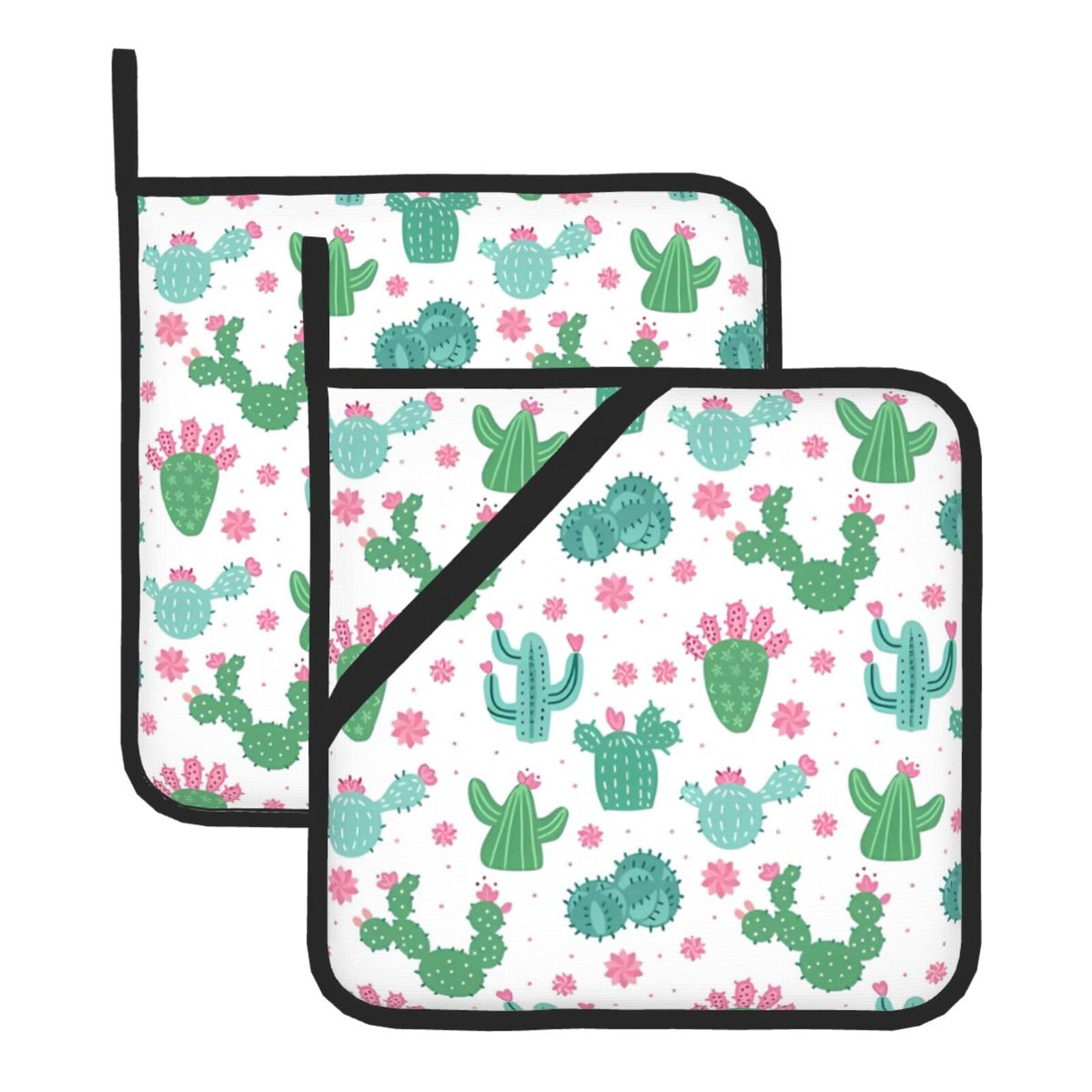 WHJSSF Cute Cactus Seamless Illustration Prints Square Hot Pads for Kitchen Counter - Waterproof Trivets with Hanging Loop, Thick Pot Covers for Serving, Oven & BBQ - Set of 2 (1 with Pocket)