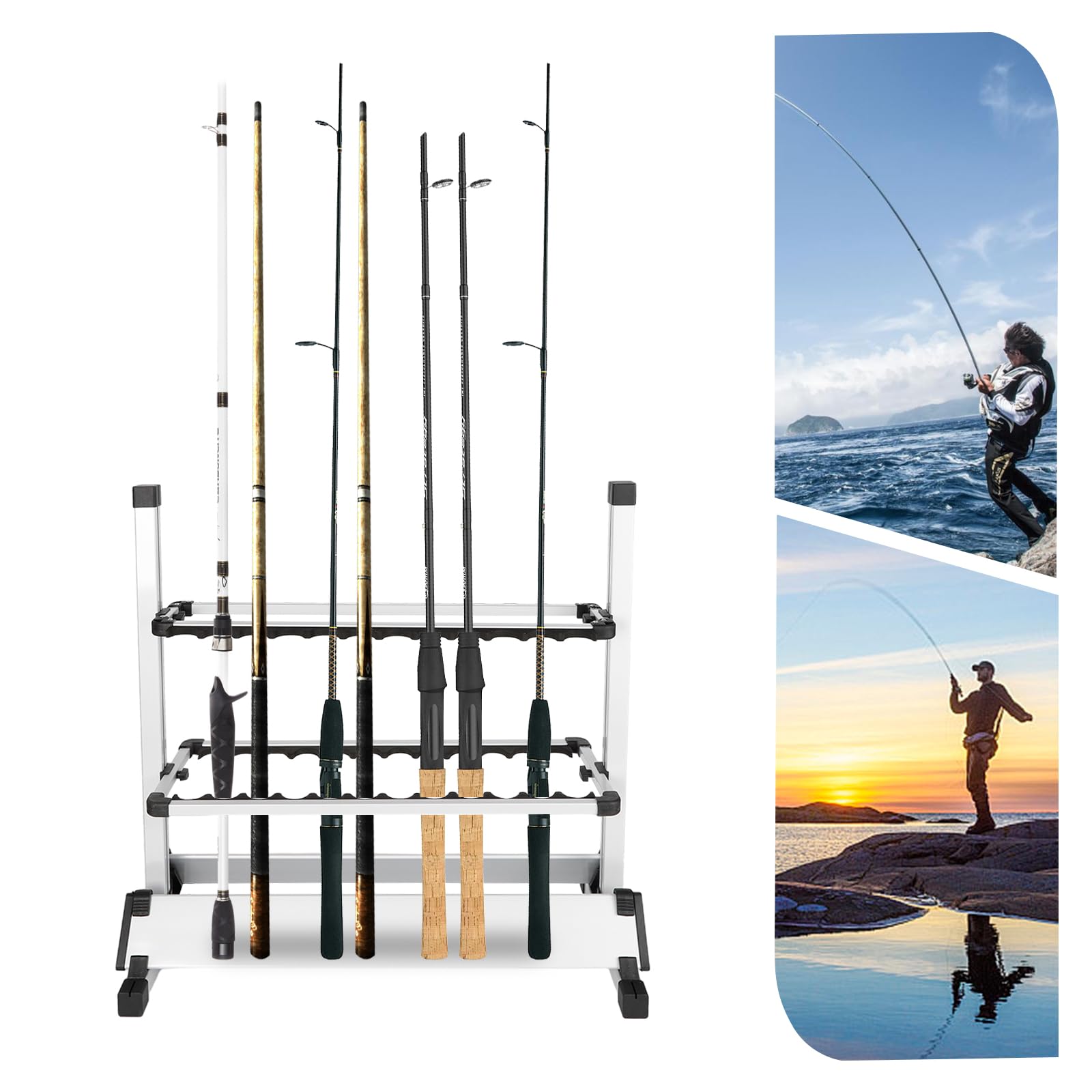 Supporto per canne da pesca, 24 canne, in alluminio, portatile, per canne da pesca, autoportante, per canne da pesca, per interni ed esterni