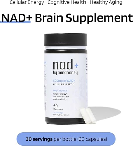 Miniatura 6 de MINDHONEY  Suplemento cerebral NAD+  Fórmula premium de 500 mg NAD+  Antienvejecimiento saludable, energía celular, cognición, salud metabólica,