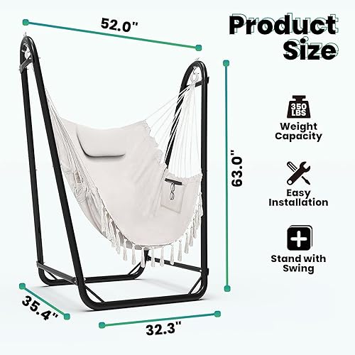 Miniatura 6 de Silla hamaca con soporte, silla colgante resistente con soporte, para interiores y exteriores, soporte resistente para silla oscilante, carga máxima
