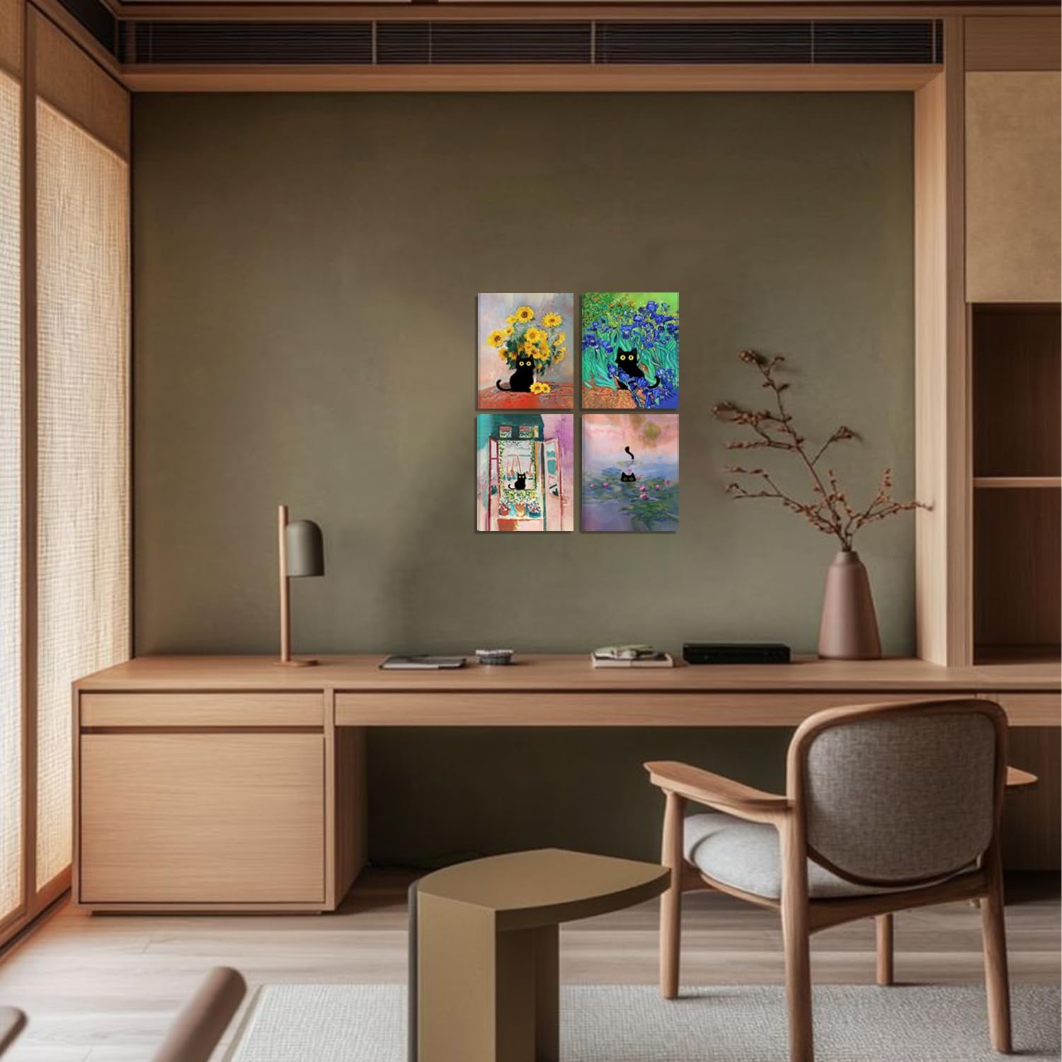 SEHSUVC Cute Black Cat Wall Art Set of 4, Vintage Aesthetic Framed Canvas Prints 8x10in, Famous Painting Style Inspired by Van Gogh & Monet, Preppy Y2K Cat Wall Decor for Living Room Bedroom Home Decor