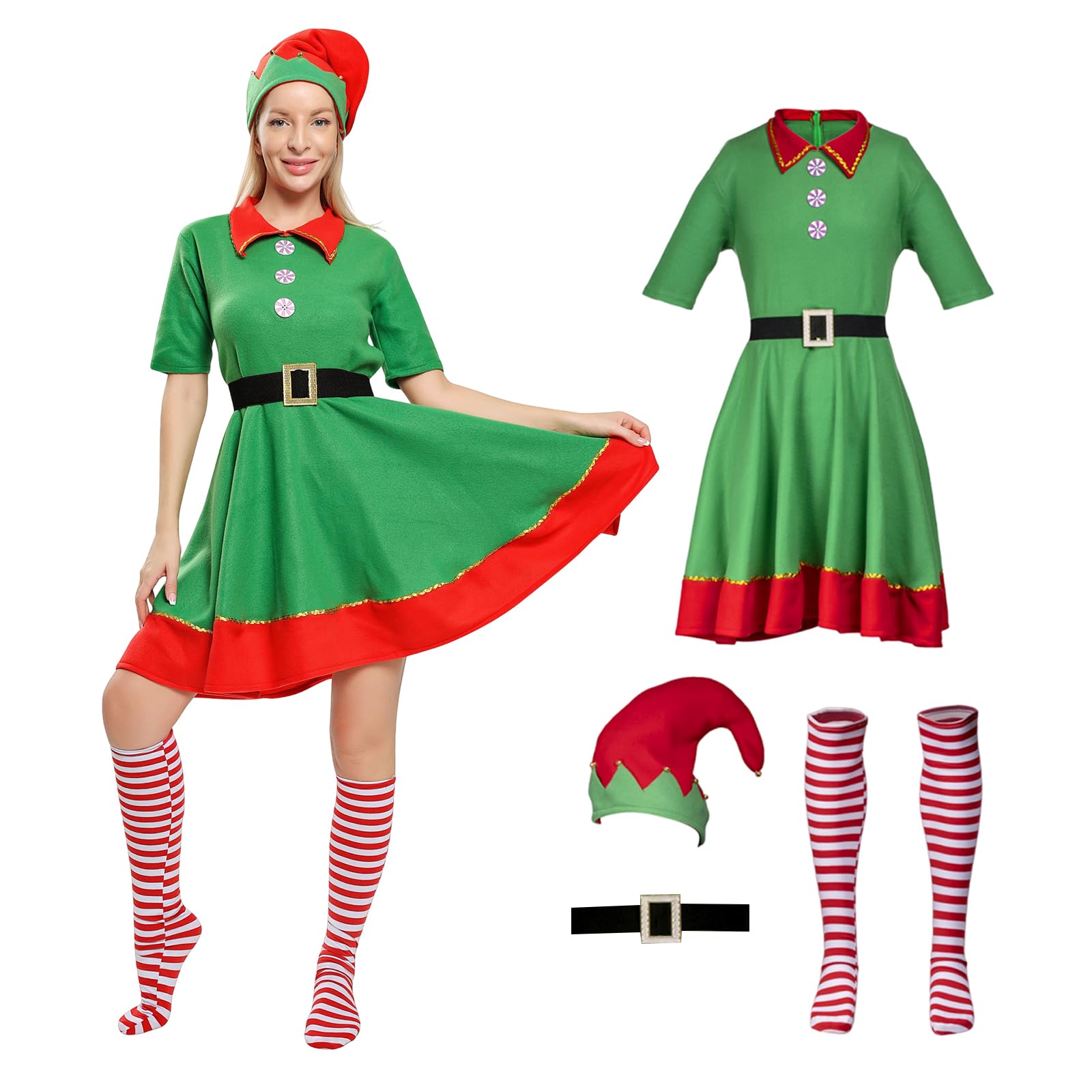 AudMsier Elfi Adulta Donna Costume, Festività Elfi Set Cappello Camicia Pantaloni, Natale Orgoglio Abito Gioco di Ruolo