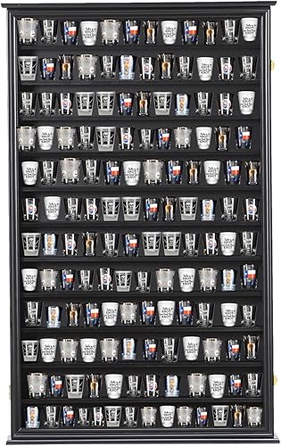 Miniatura 6 de Exhibidor de vidrio de chupito grande de madera para gabinete, montaje en pared, caja de sombra negra con cerradura con protección UV, caja de