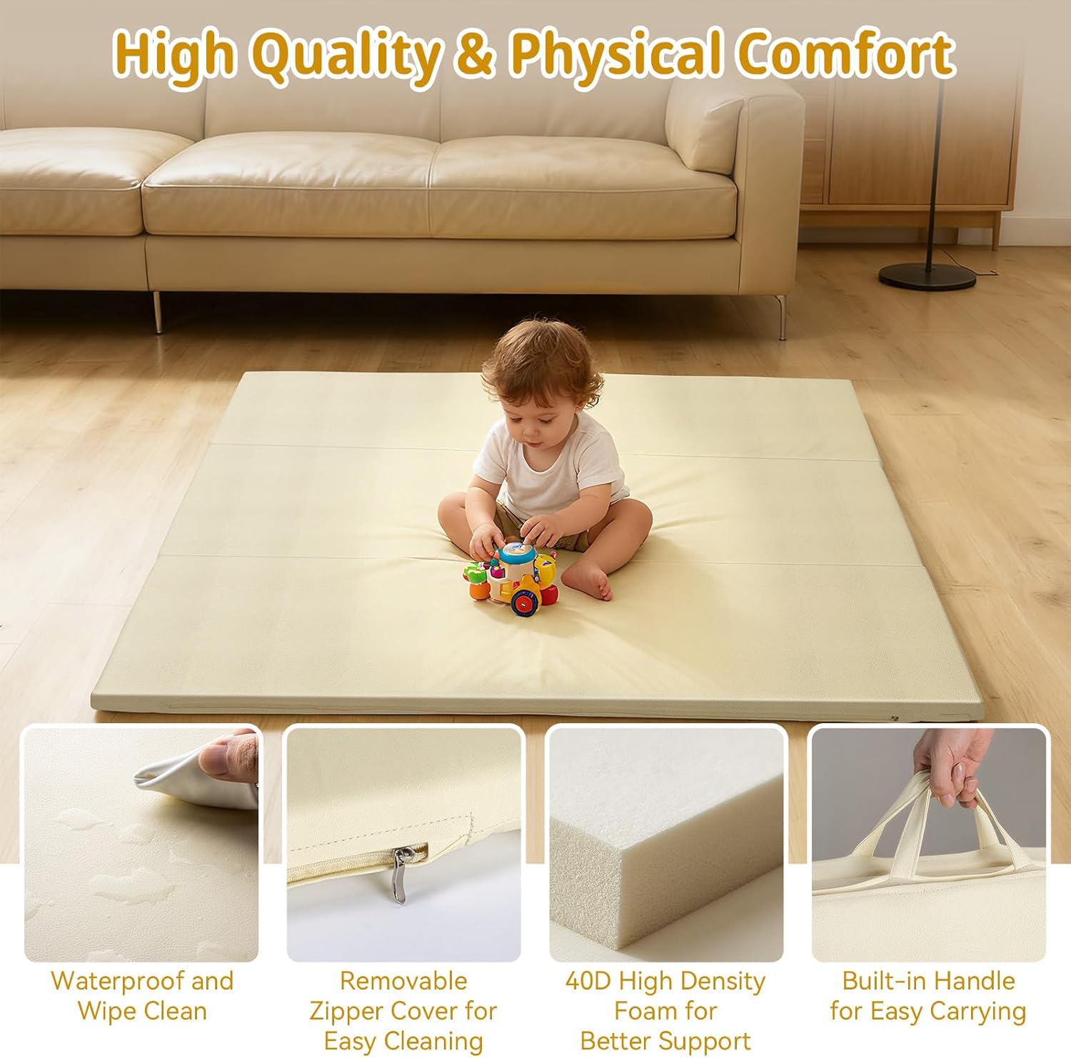 Baby Play Mat, 48 x 48 Inch Foldable PU Leather Waterproof Playpen Mat, 1.6" Extra Thick Foam Floor Mat for Infants and Toddlers, Non-slip Toddler Activity Playmat Cushion, Beige