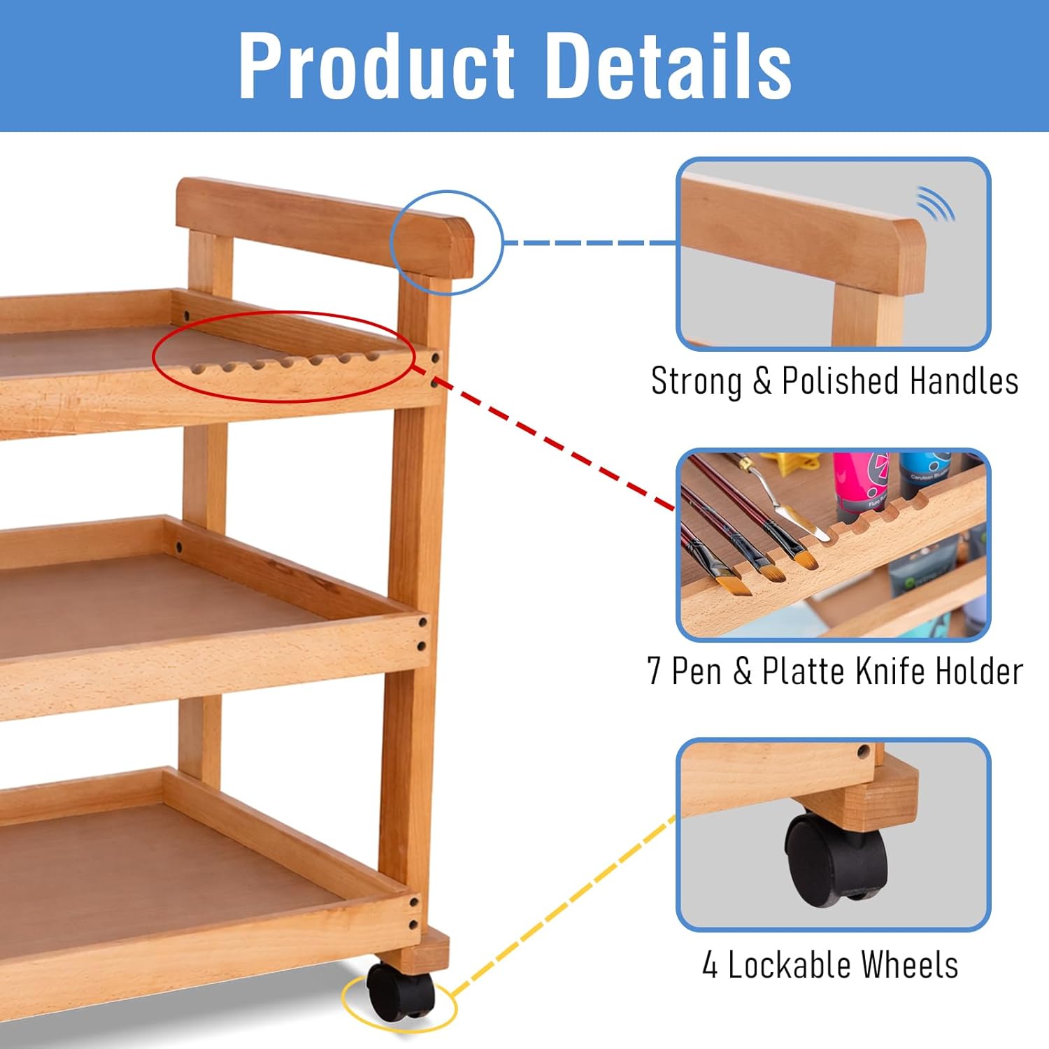Falling in Art Wooden Rolling Cart, Beechwood Art Supply Storage Organizer with Caster Wheels, 3-Tier Rolling Utility Cart Organizer for Studio and Classroom Use, Natural