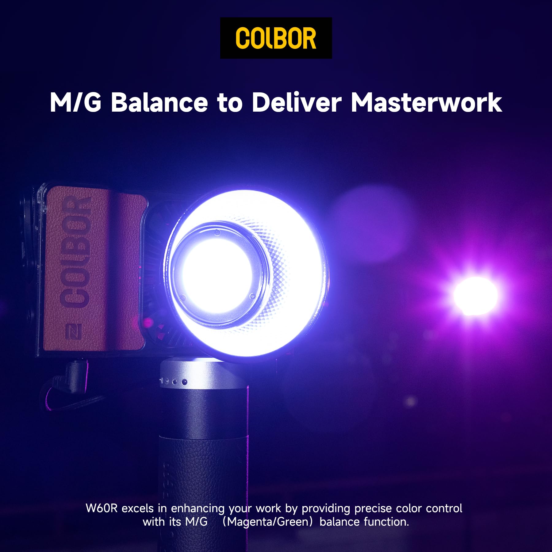 COLBOR W60R - Luce video a LED, 2700 – 6500 K, CRI 97 + 60 W, piccola dimmerabile, controllo app, luce compatta per fotografia di prodotti e vlog YouTube