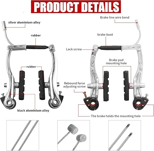 Miniatura 3 de Juego completo de frenos de bicicleta, kit de palanca de cables de pinzas interiores y exteriores, freno universal para bicicleta delantera y