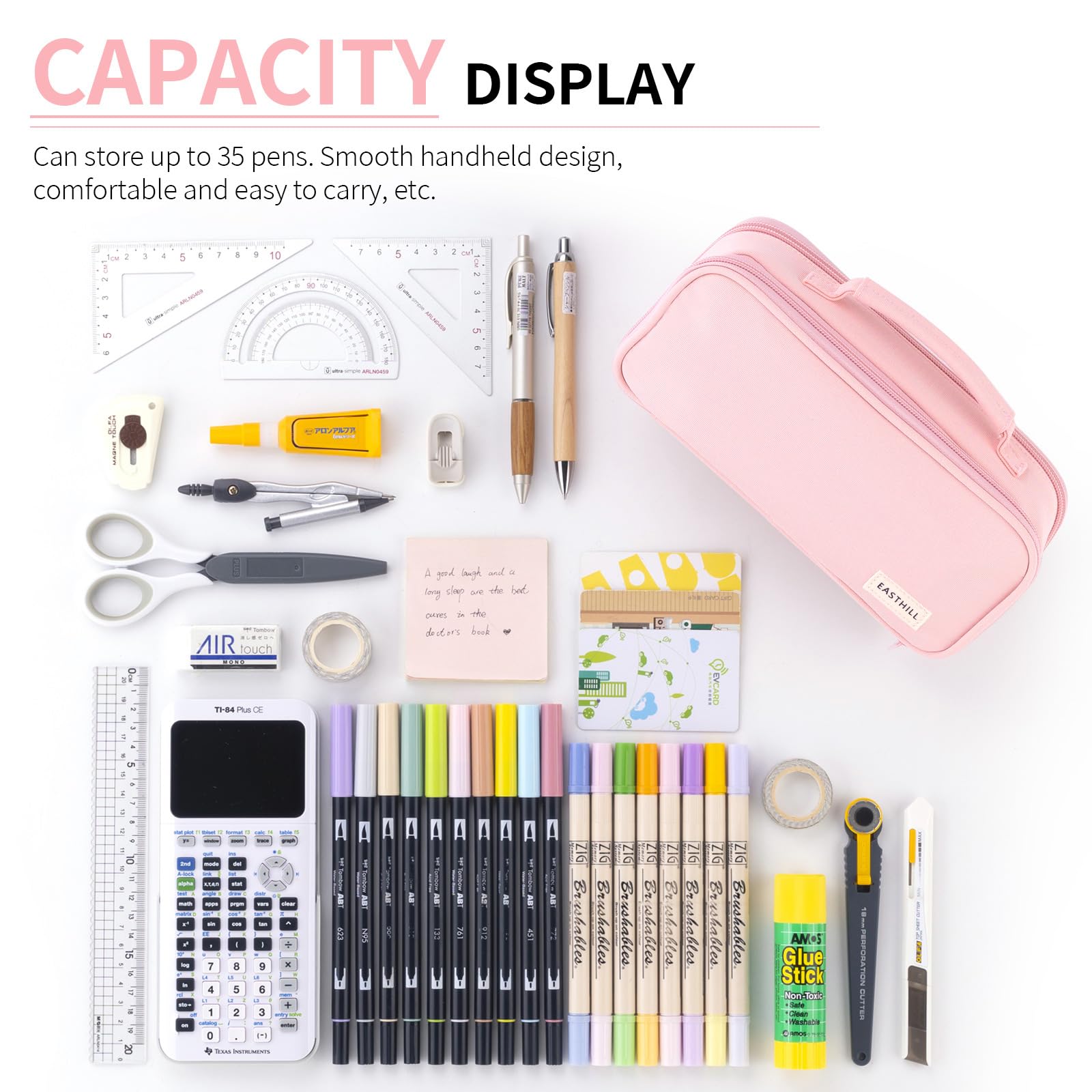 EASTHILL Large Capacity Pencil Case Pen Pouch Organizer Canvas Pencil Bag with Handle School Supplies (Pink) - Image 4