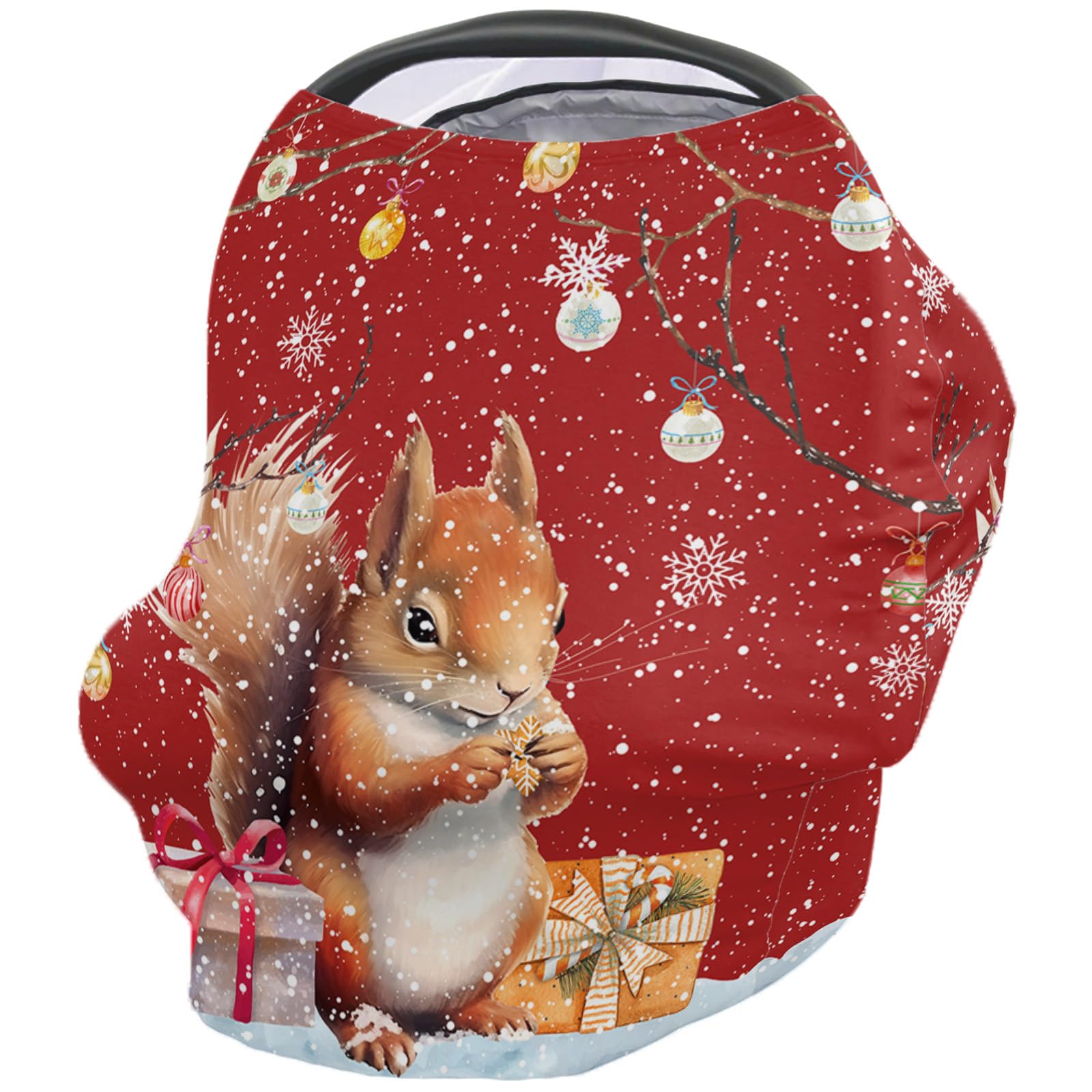 Nursing Cover for Breastfeeding Scarf, Dark Red Decor Balls Box Squirrel Winter Snowflake Baby Car Covers Super Soft Multi Use for Canopy Shopping Cart Cover Blanket Stroller Cover