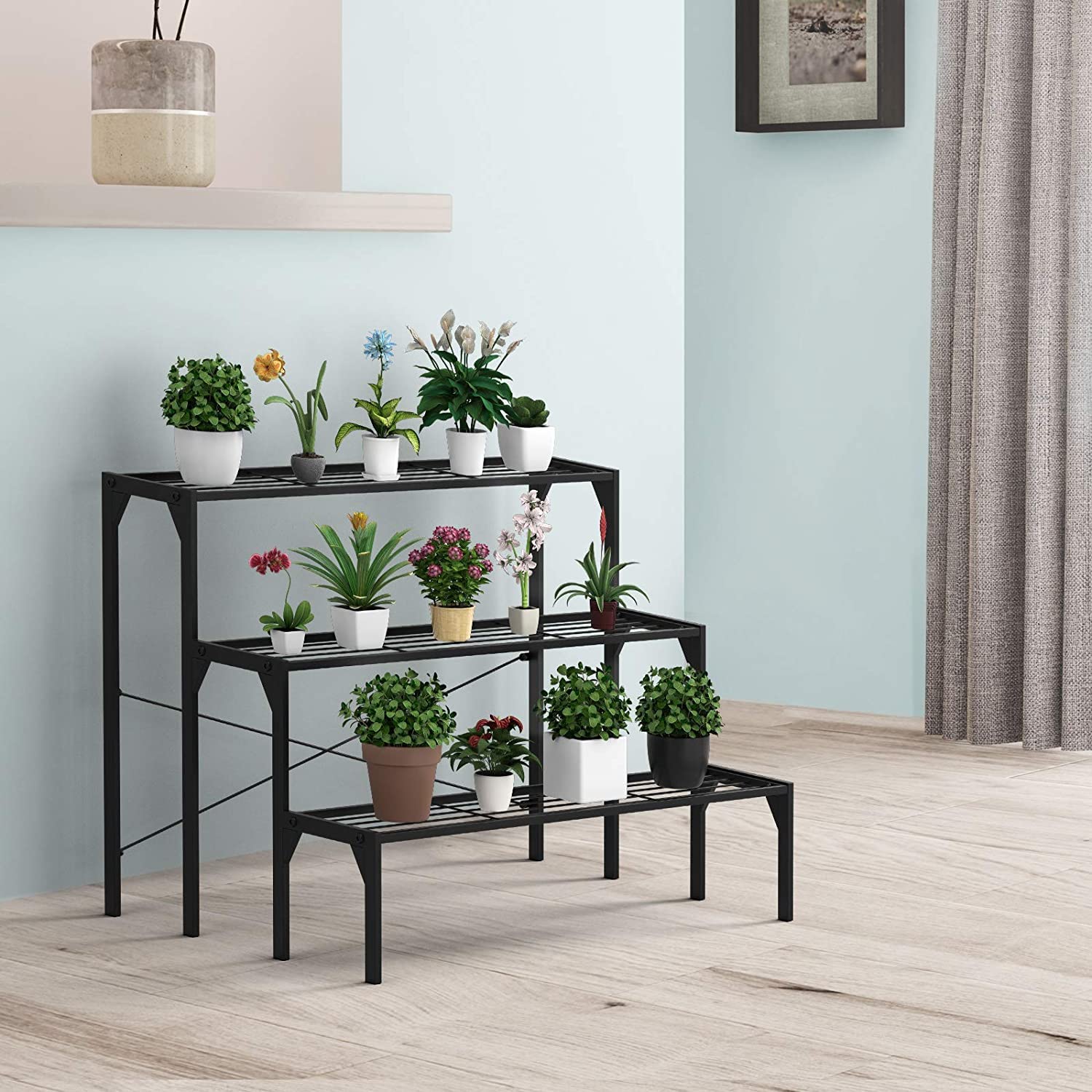 RELAX4LIFE Blumentreppe 3-stufig, Blumenregal aus Metall, Blumenständer mit 3 Ebenen, Pflanzenständer Freistehend, Pflanzentreppe für Balkon Terrasse Garten Wohnzimmer (Leiterform 2)