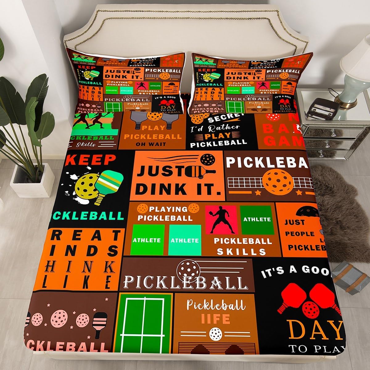 Erosebridal Orange Pickleball Bed Sheets Queen Size,Rustic Patchwork Fitted Sheet for Kids Adults,Extreme Sports Ball Game Bedding Set for Boys Girls Teens,Pickleball Life Bed Set with Deep Pocket