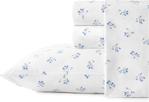 Stone Cottage - Twin Sheets, Cotton Percale Bedding Set, Crisp & Cool Ideal Bedding Set Blue Sketchy Ditsy, Twin