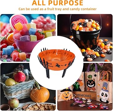 2 Pcs Halloween Candy Bowl with Holder Plastic Trick or Treat Bowls Large halloween Party Plastic Serving Bowl Tableware Candy Holders Party Supplies(Purple Orange)
