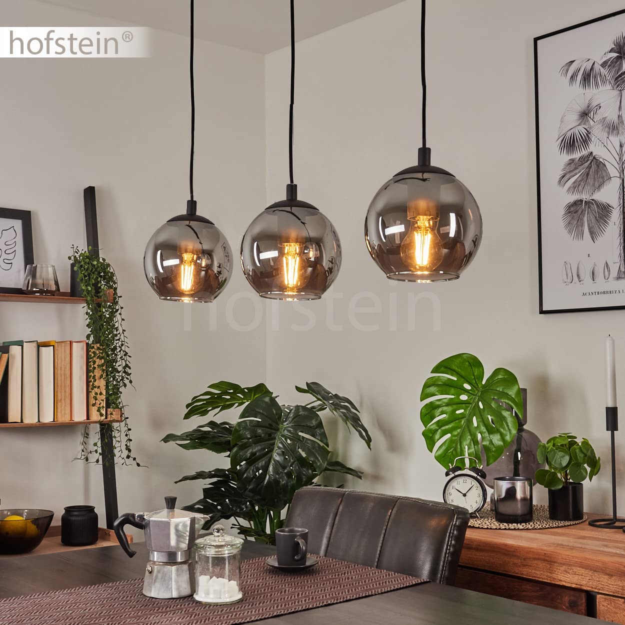 Sernf sospensione in metallo/vetro in colore nero/fumo, lampada a sospensioni con paralume in vero vetro (Ø 16,5 cm), 3 x E27, senza lampadina/e