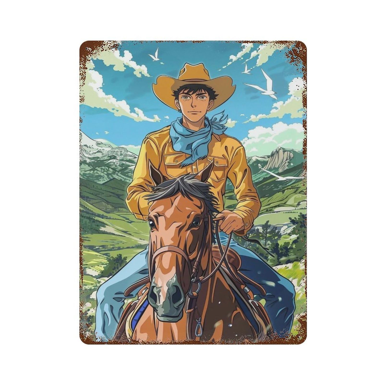 HDURYEYRYY Sunny Mountain Valley Anime Cowboy 01 Wall Retro Iron Vintage Art Metal Tin Sign Poster Modern Home Cofffee Club Art Bar Shop Decor 40x30cm